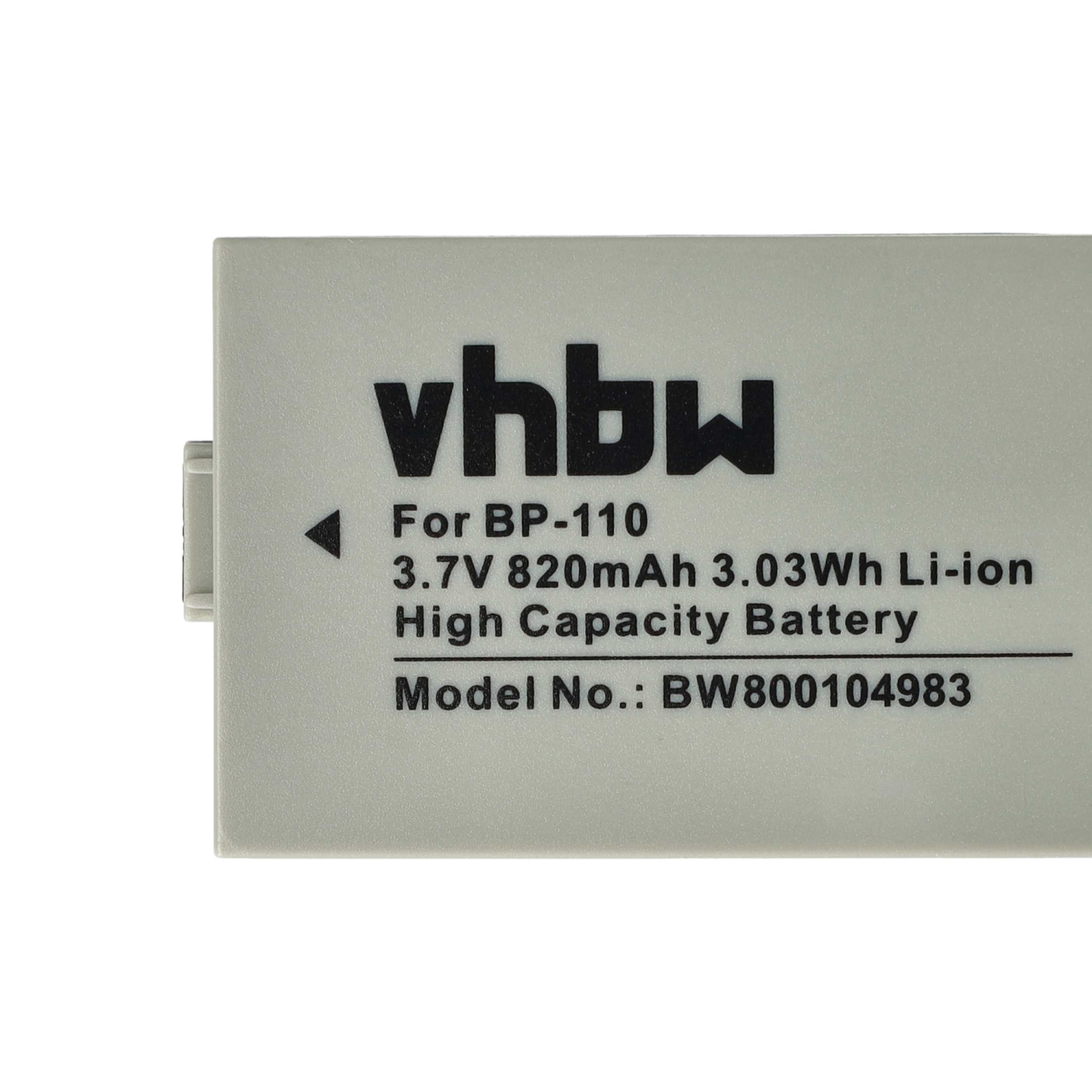 Ein grauer Akku mit schwarzem Text: vhbw, For BP-110, 3,7 V 820 mAh Li-Ionen, High Capacity Battery, Modell-Nr.: BW800104983.