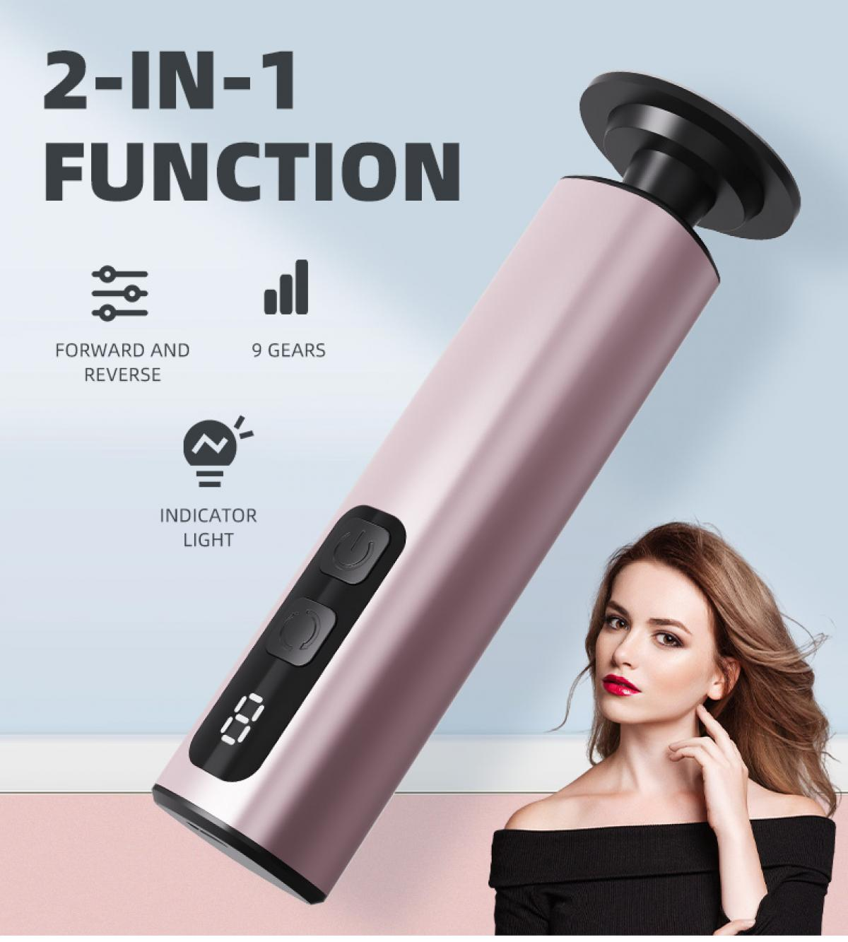 Ein roségoldenes Schönheitsgerät mit einer Frau, die ihr Gesicht berührt. Das Gerät hat Knöpfe und eine Kontrollleuchte. Der Text lautet "2-IN-1 FUNKTION".