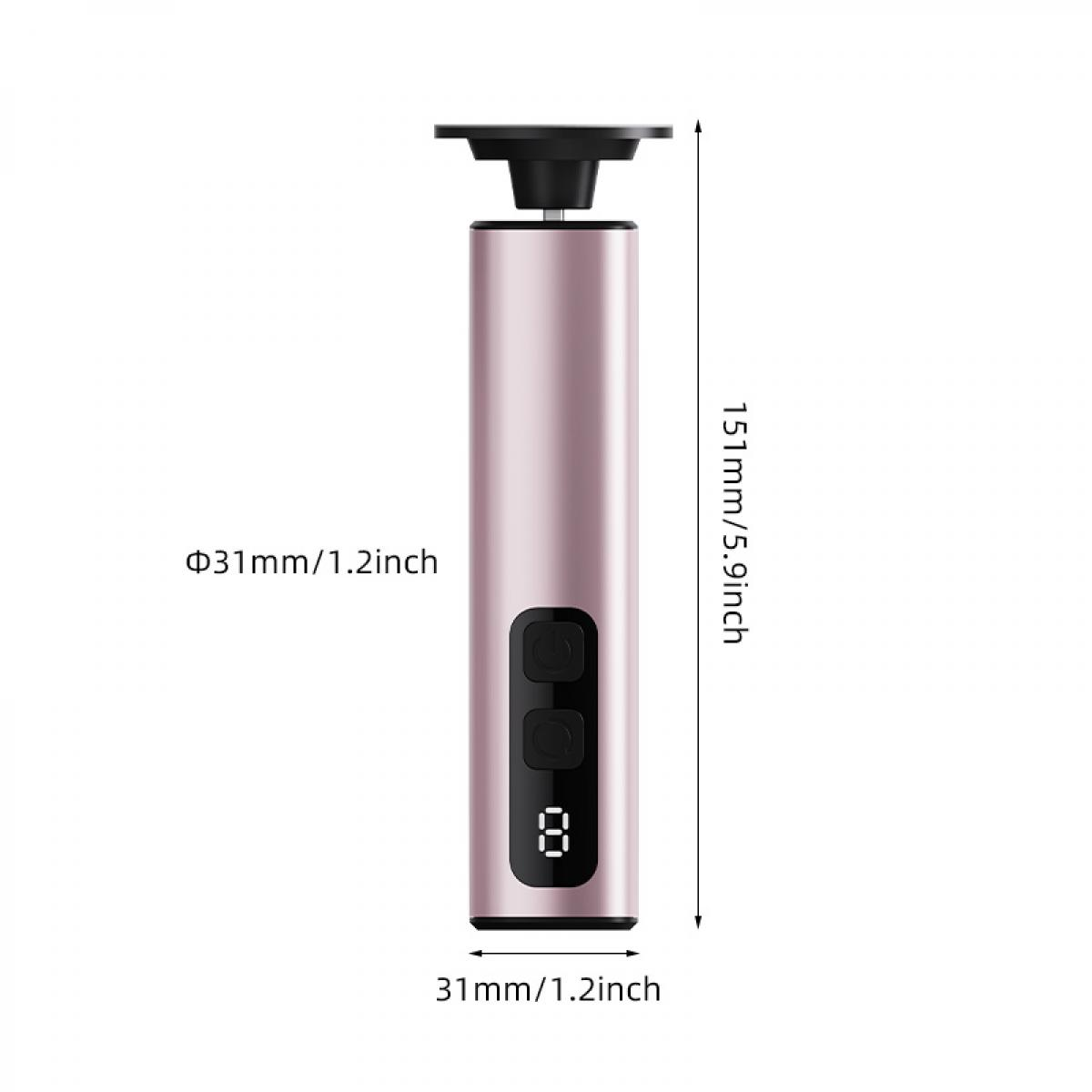 Ein rosa elektrischer Trimmer mit schwarzen Details und Digitalanzeige. Abmessungen in mm und Zoll. Der Trimmer befindet sich auf weißem Hintergrund.