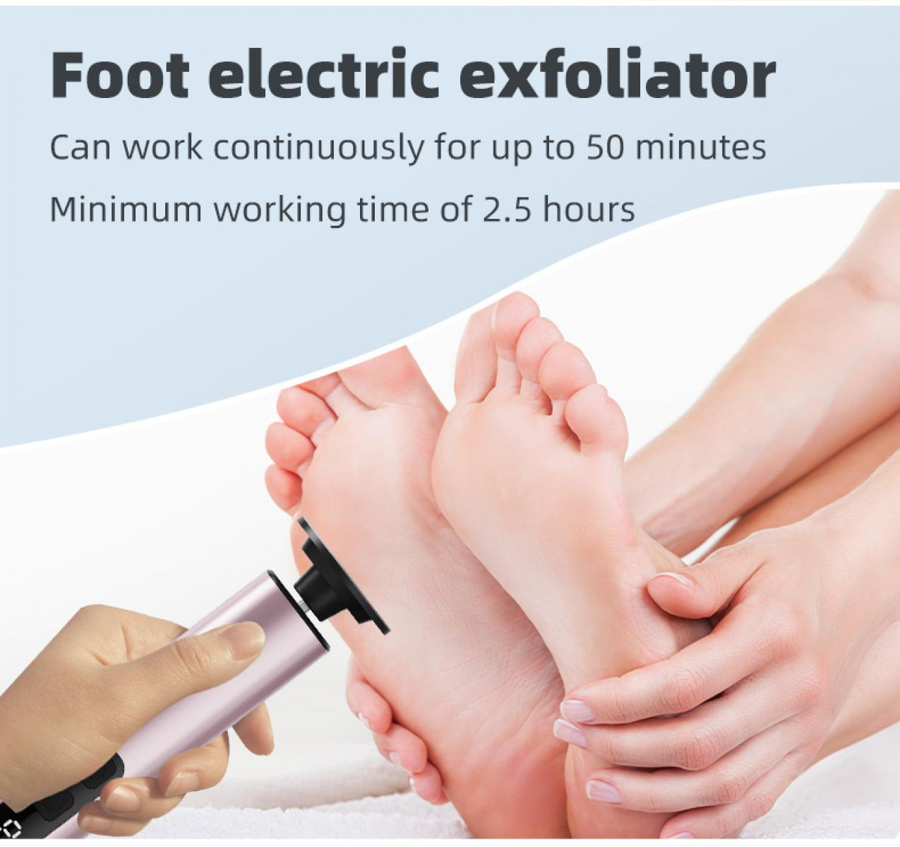Ein elektrischer Fußexfoliator wird an Füßen verwendet. Eine Hand hält das Gerät. Text sagt, es kann 50 Minuten lang arbeiten.