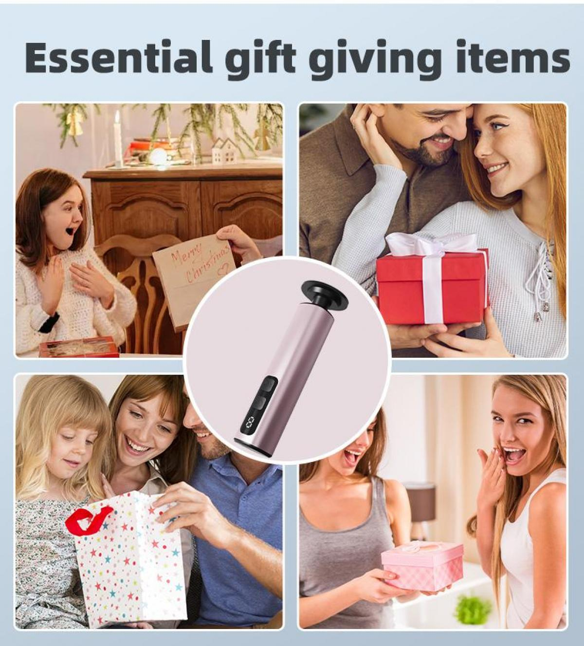 Das Bild zeigt Geschenkübergabeszenen: Menschen, die Geschenke auspacken, ein Paar mit einem Geschenk und ein Gerät. Der Titel lautet 'Wesentliche Geschenkideen'.