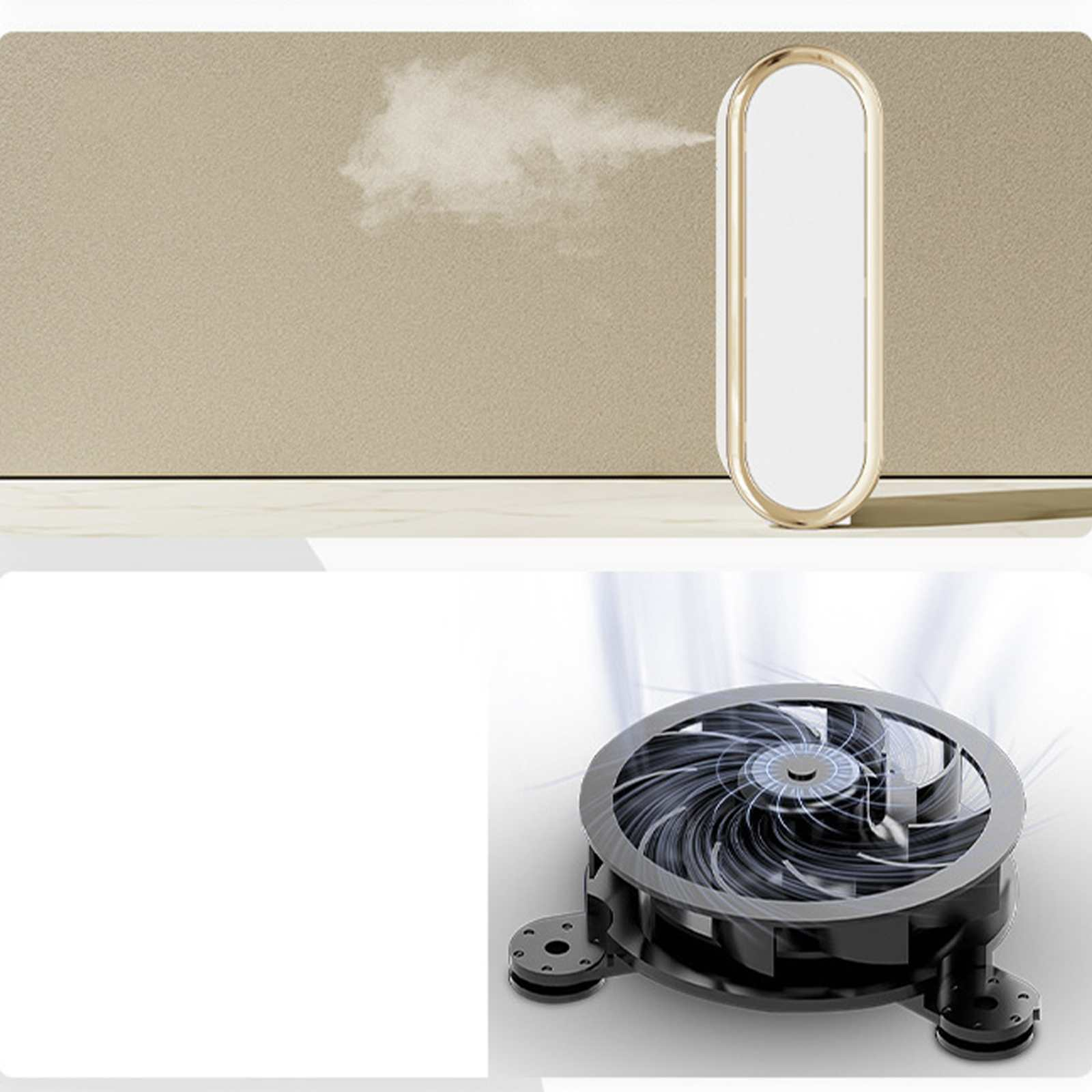 Ein Luftbefeuchter mit weißem Körper und goldenem Besatz ist abgebildet. Darunter ist ein Ventilator mit schwarzen Flügeln zu sehen.
