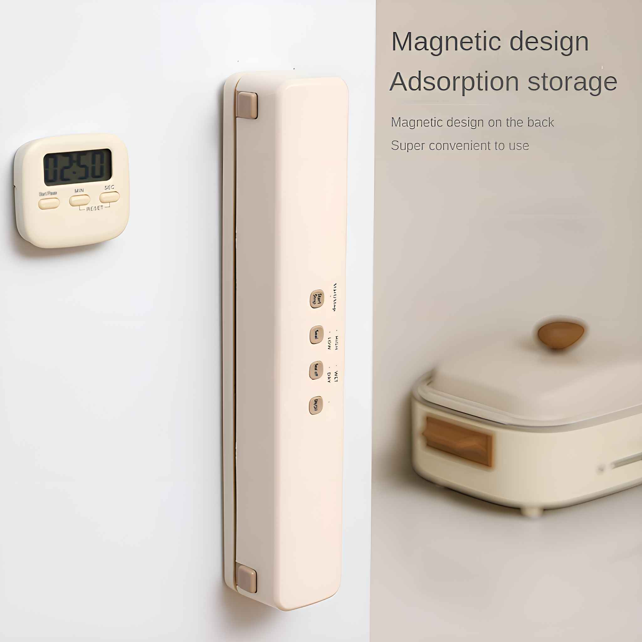 Ein cremefarbener Timer und ein rechteckiger Aufbewahrungsbehälter befinden sich auf einer weißen Oberfläche. Text: 'Magnetisches Design'.