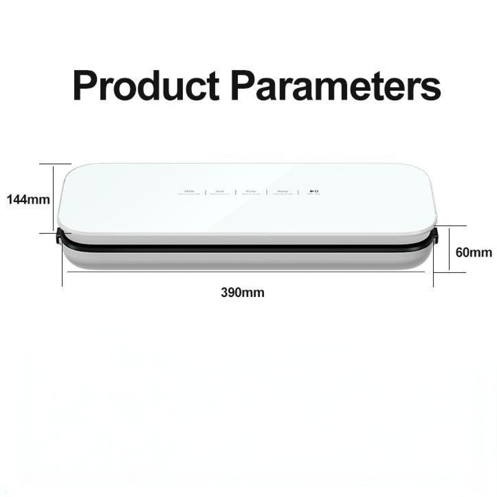 Ein weißes rechteckiges Gerät mit Maßangaben. Oben steht 'Produktparameter'. Maße: 390 mm, 144 mm und 60 mm.