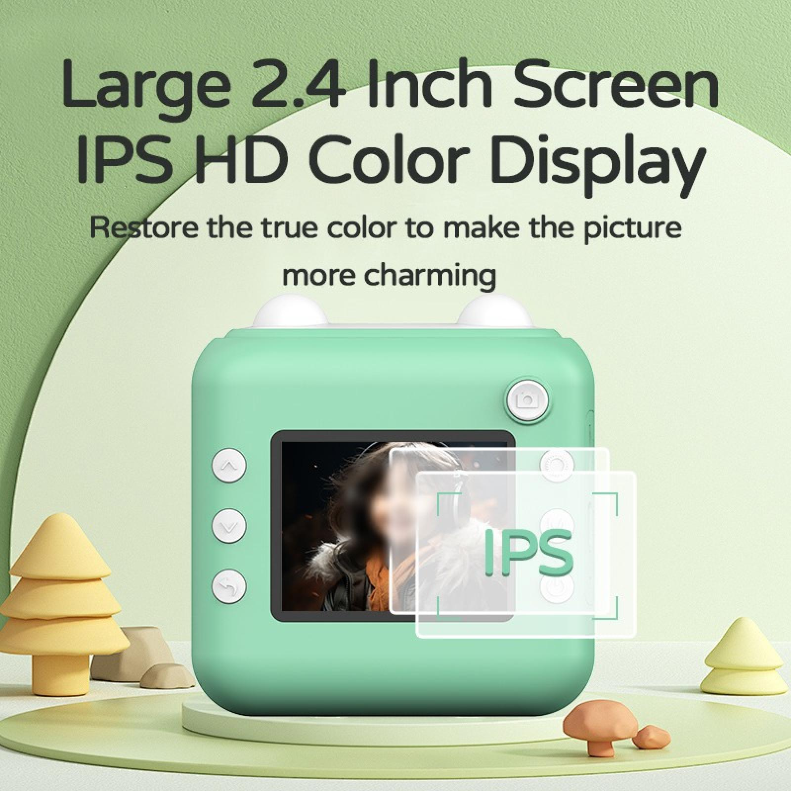 Eine türkisfarbene Kamera mit Bildschirm zeigt ein verschwommenes Bild. Text oben: 'Großer 2,4-Zoll-Bildschirm IPS HD-Farbbildschirm'.