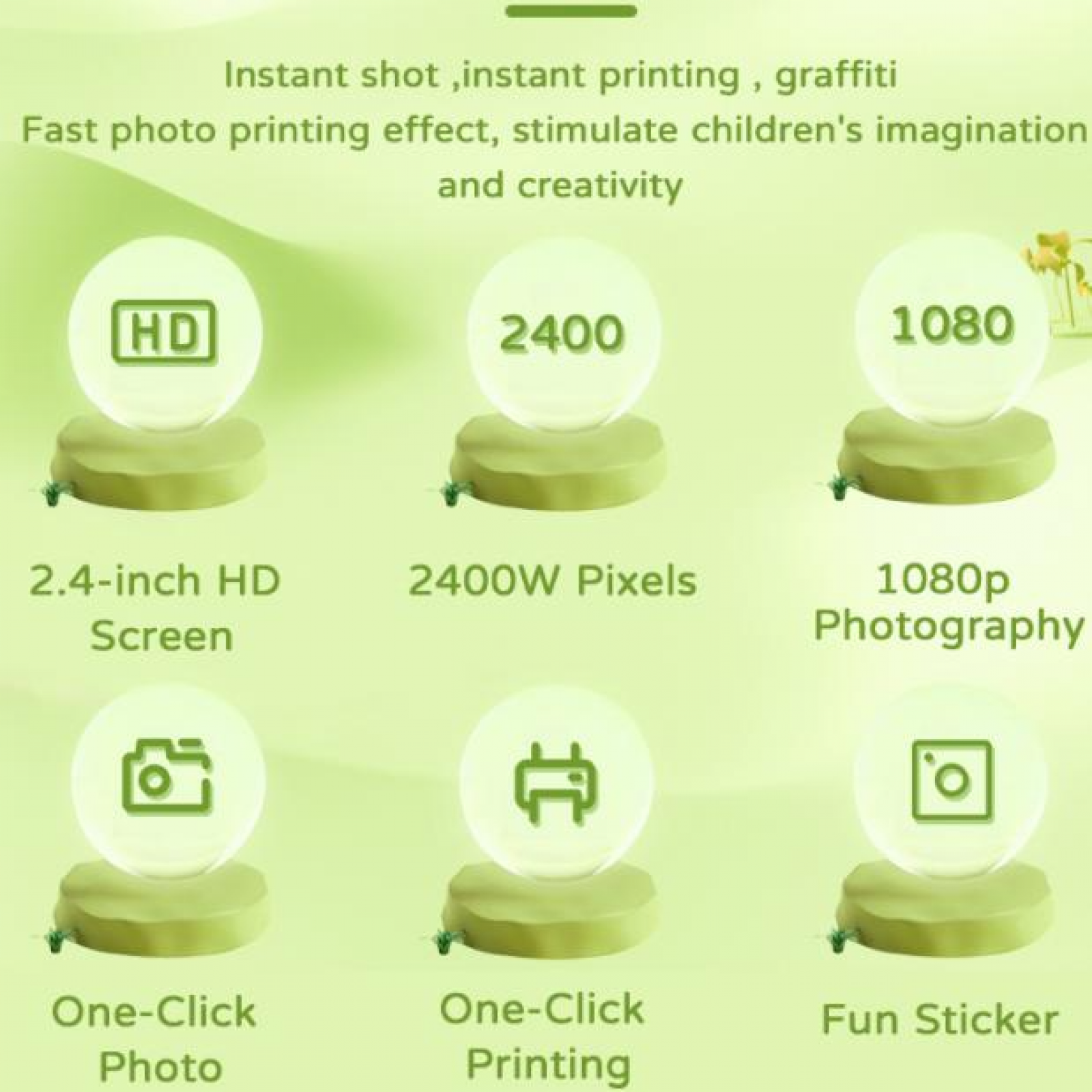 Werbung für eine Kinderkamera mit Symbolen und Text, der Funktionen wie HD-Bildschirm, Pixel und Druck beschreibt.