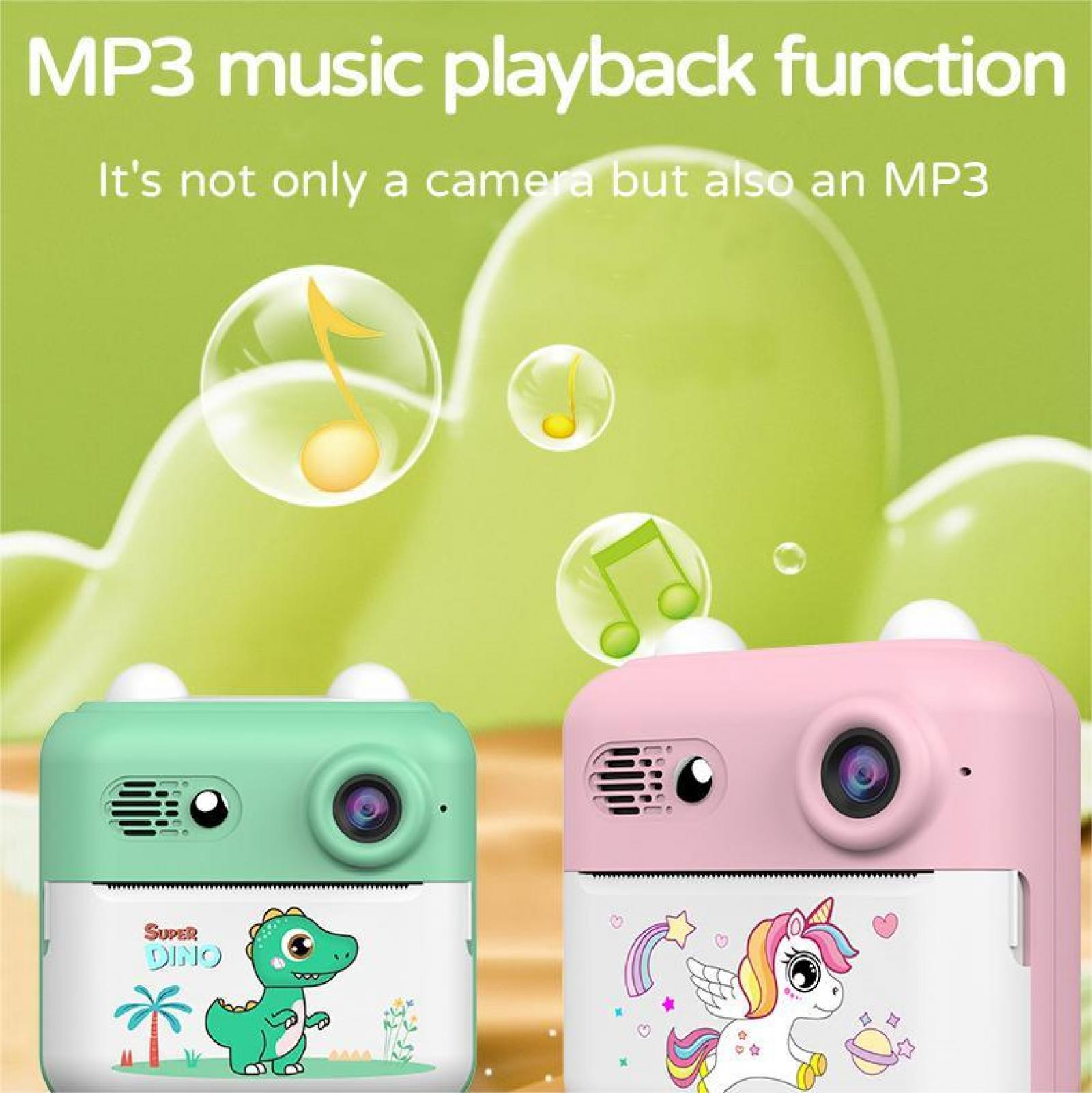 Zwei Spielzeugkameras, eine grüne und eine rosa, mit Noten darüber. Text sagt, es ist eine Kamera und ein MP3-Player.