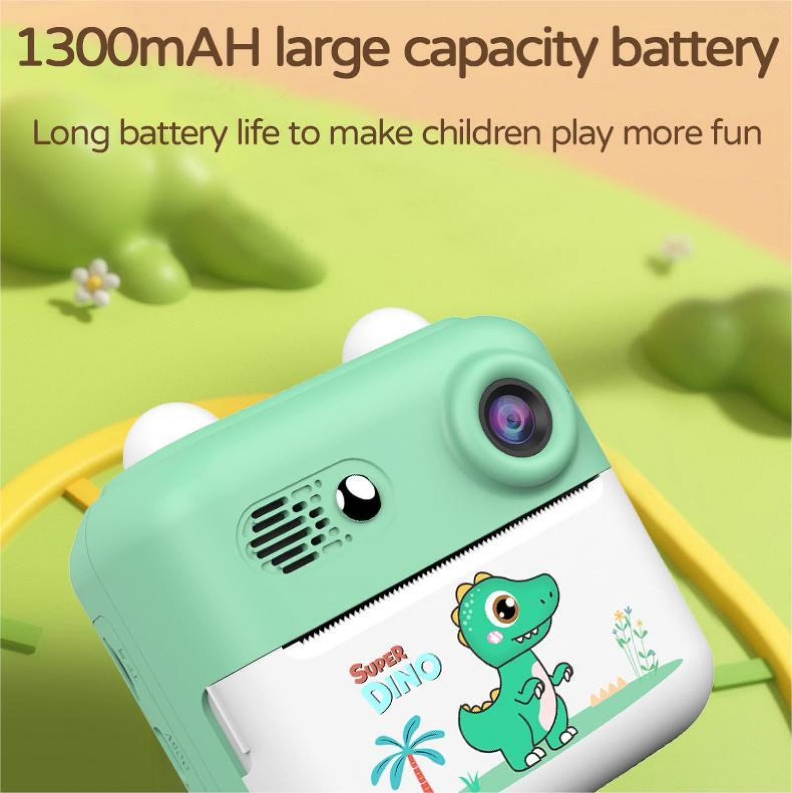 Eine mintgrüne Kinderkamera mit einem Zeichentrick-Dinosaurier auf der Vorderseite. Der Hintergrund ist grün mit weißem Text.