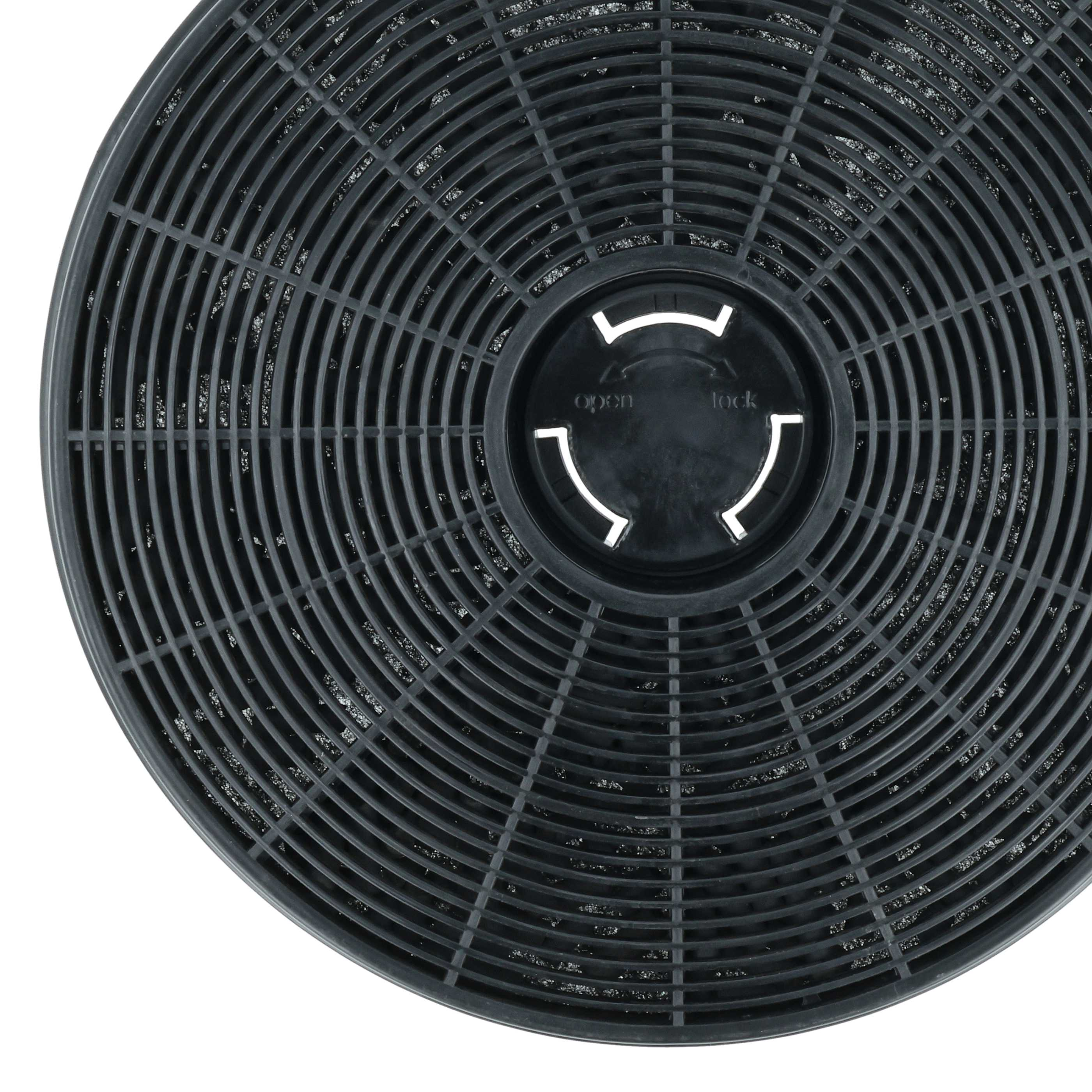 Nahaufnahme eines kreisförmigen schwarzen Aktivkohlefilters mit zentraler Nabe. Der Filter hat ein Gittermuster und weißen Hintergrund.