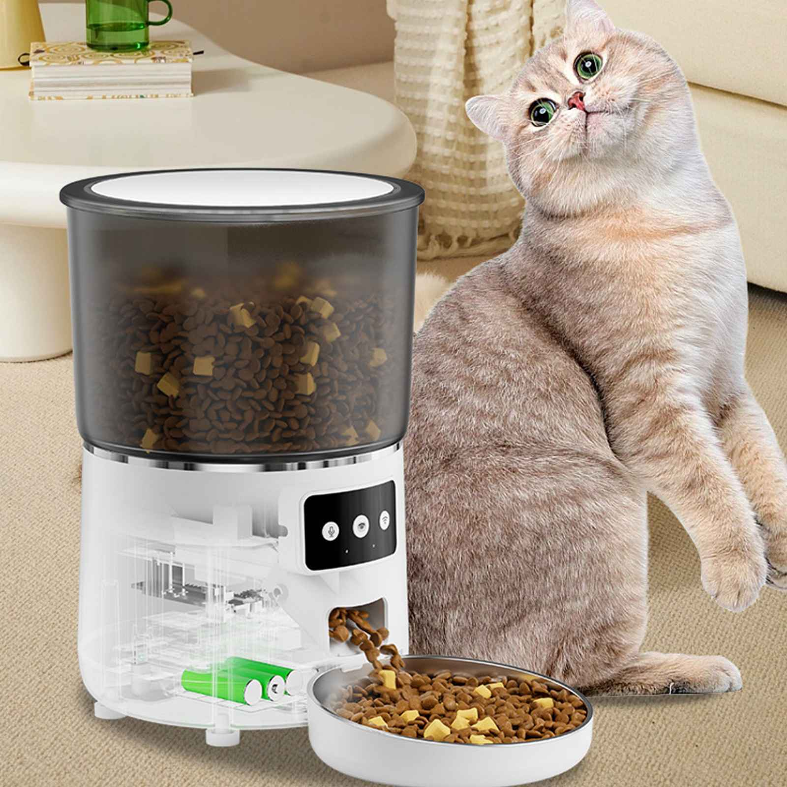 Eine Katze blickt auf einen automatischen Futterautomaten, der Futter in eine Schüssel ausgibt. Der Automaten ist weiß.