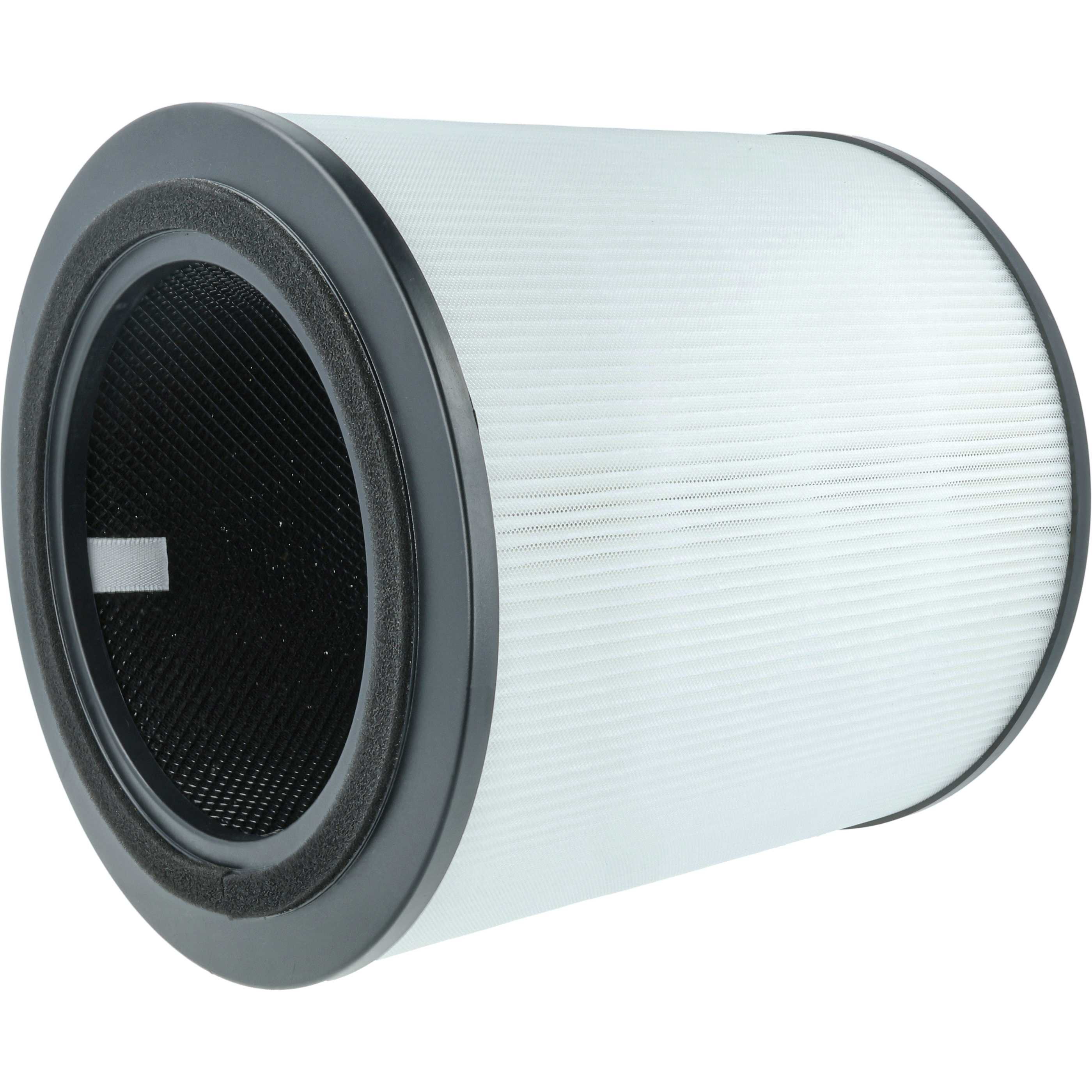 Zylindrischer Luftfilter. Er hat einen schwarzen Rahmen, einen weißen Filter und einen schwarzen Innenraum mit Netz.