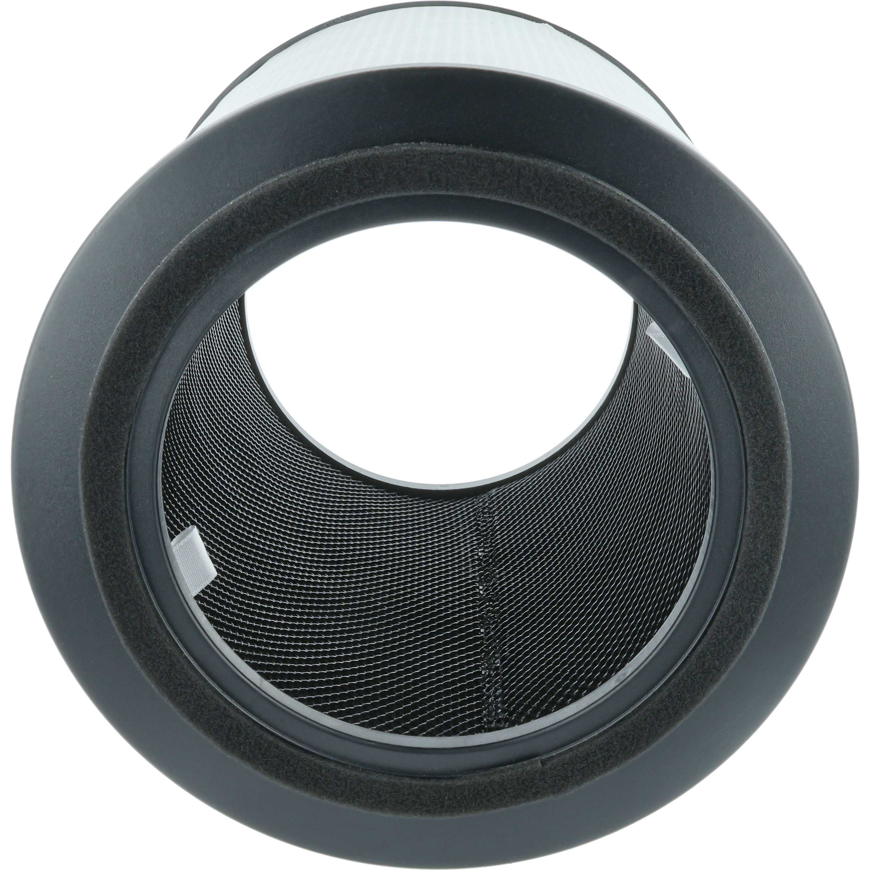 Ein Luftfilter mit schwarzem Rahmen, einem Maschenmittelstück und einem weißen Filter. Die Ansicht blickt direkt durch den Filter.