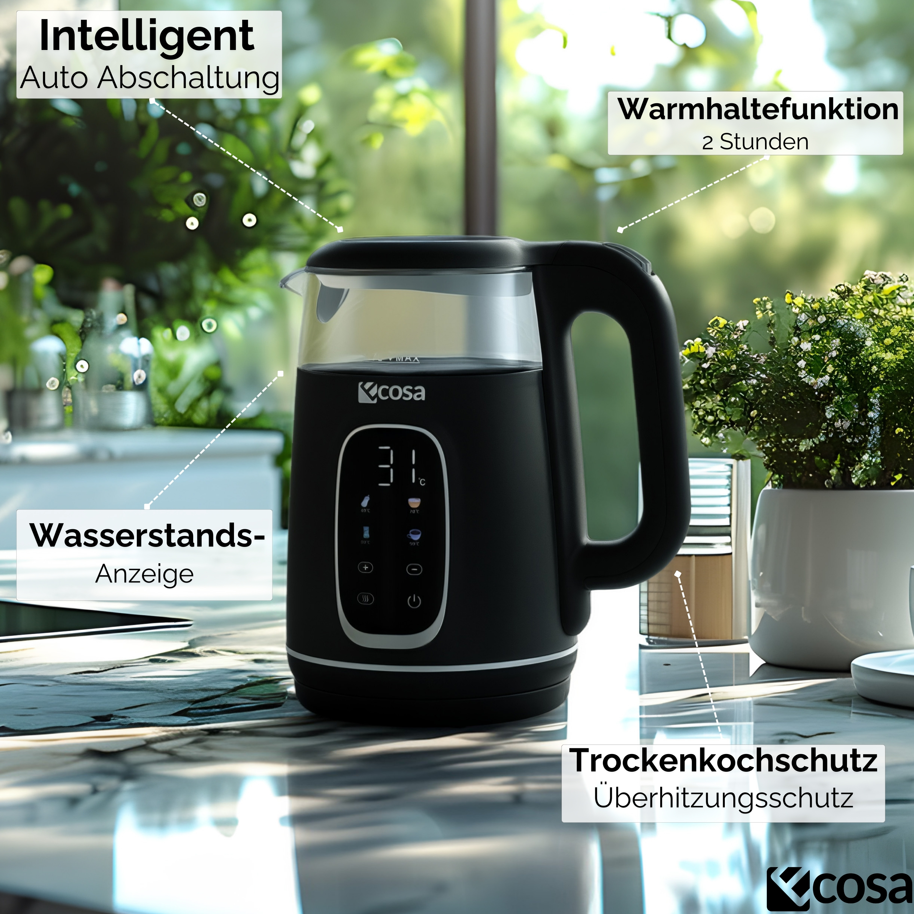 Bollitore elettrico nero con contenitore d'acqua in vetro. Caratteristiche: spegnimento automatico, indicatore livello acqua, funzione mantieni caldo.