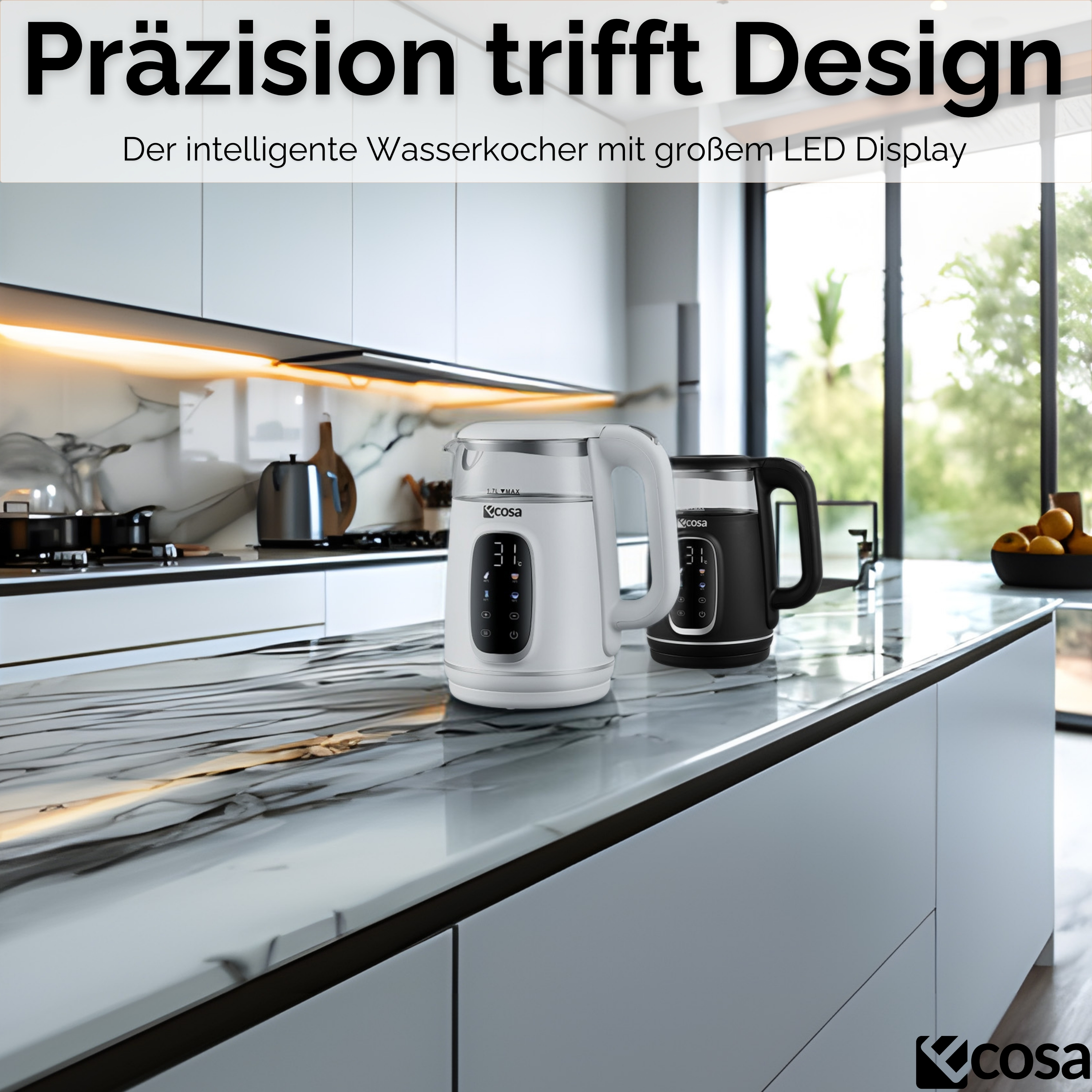 Scena cucina con due bollitori. Bollitori bianchi e neri con display digitali su un piano di marmo.