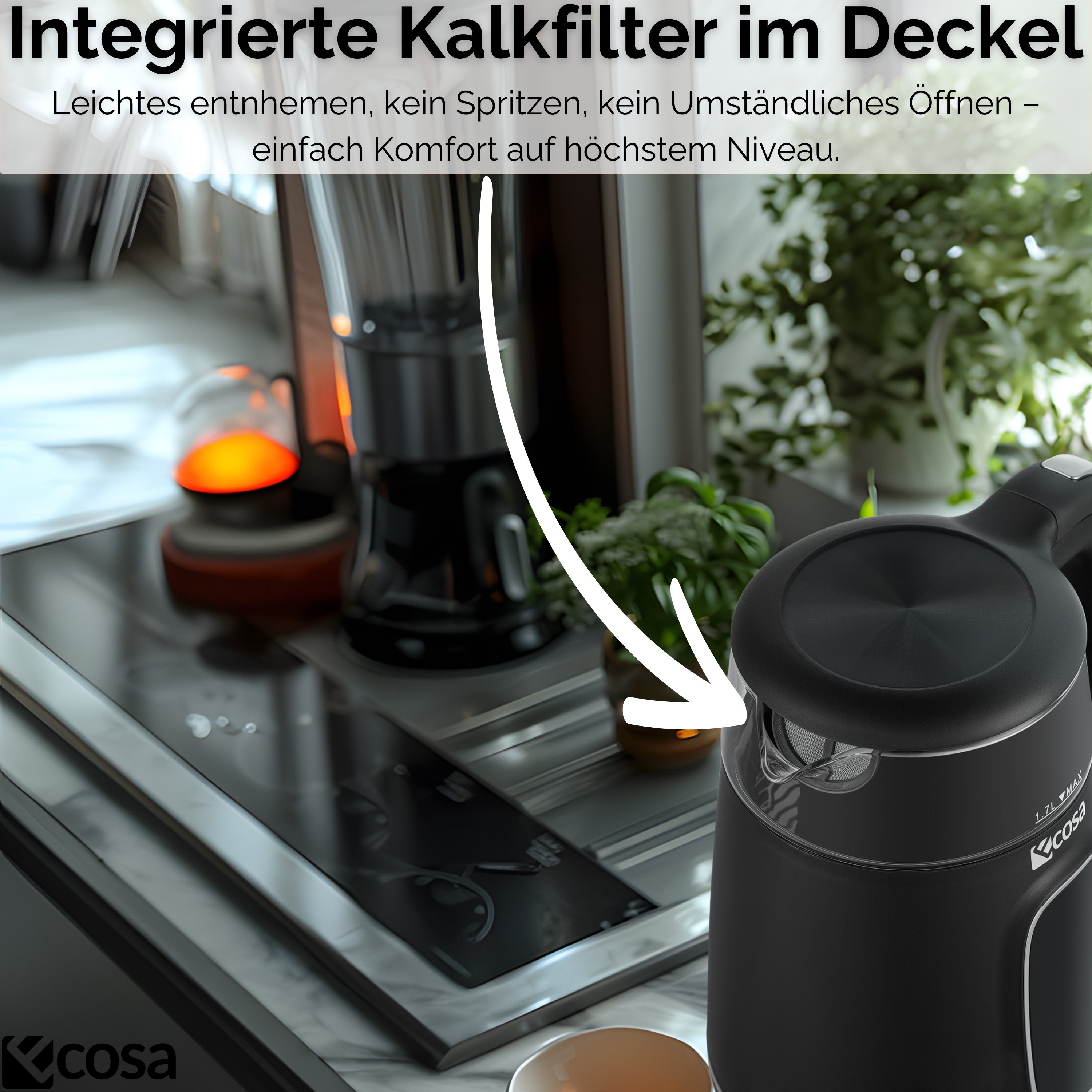 Bollitore nero con filtro, su un bancone. Testo: 'Integrierte Kalkfilter im Deckel'.