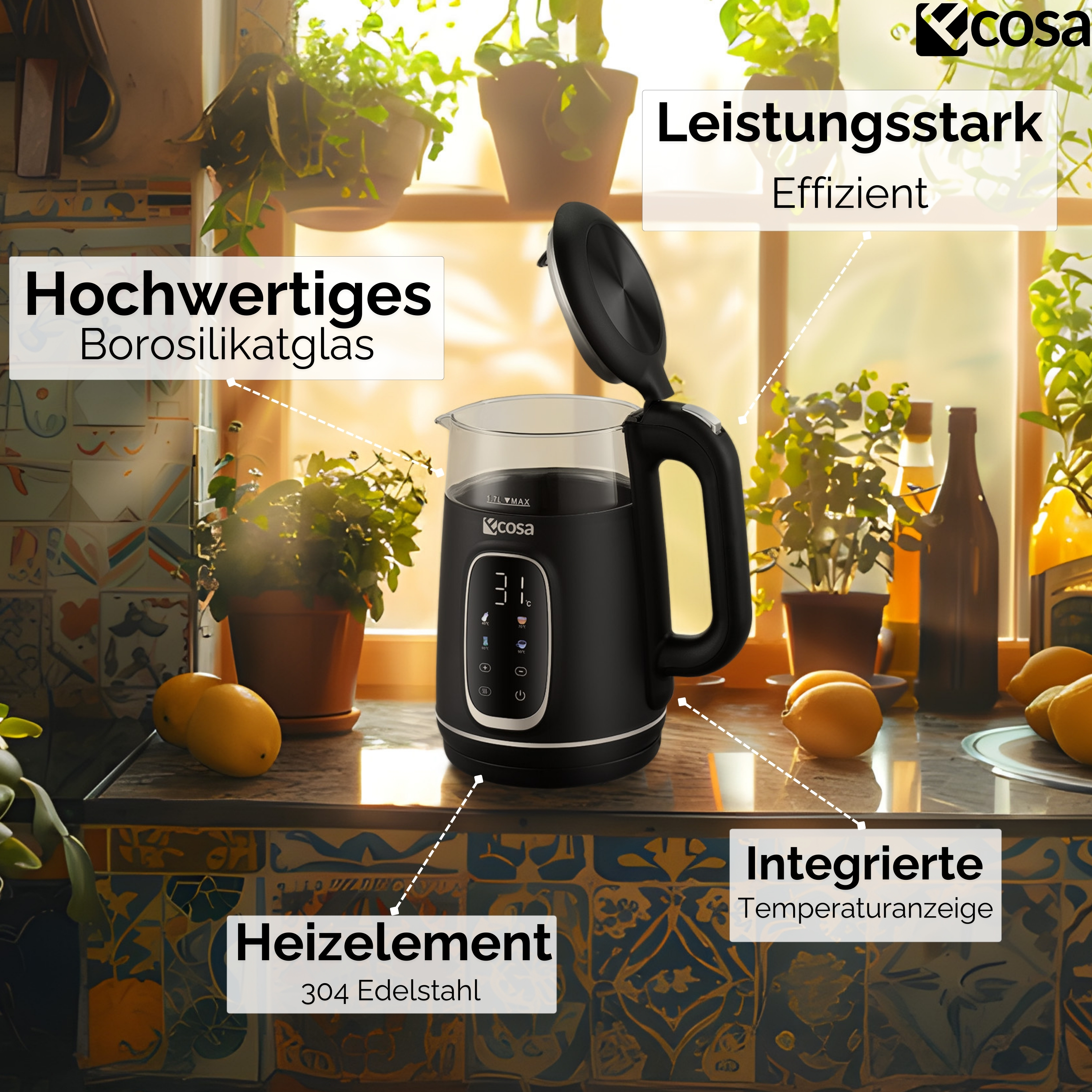 Un bollitore elettrico nero con corpo in vetro. Ha un display digitale e si trova su un piano di lavoro con limoni.