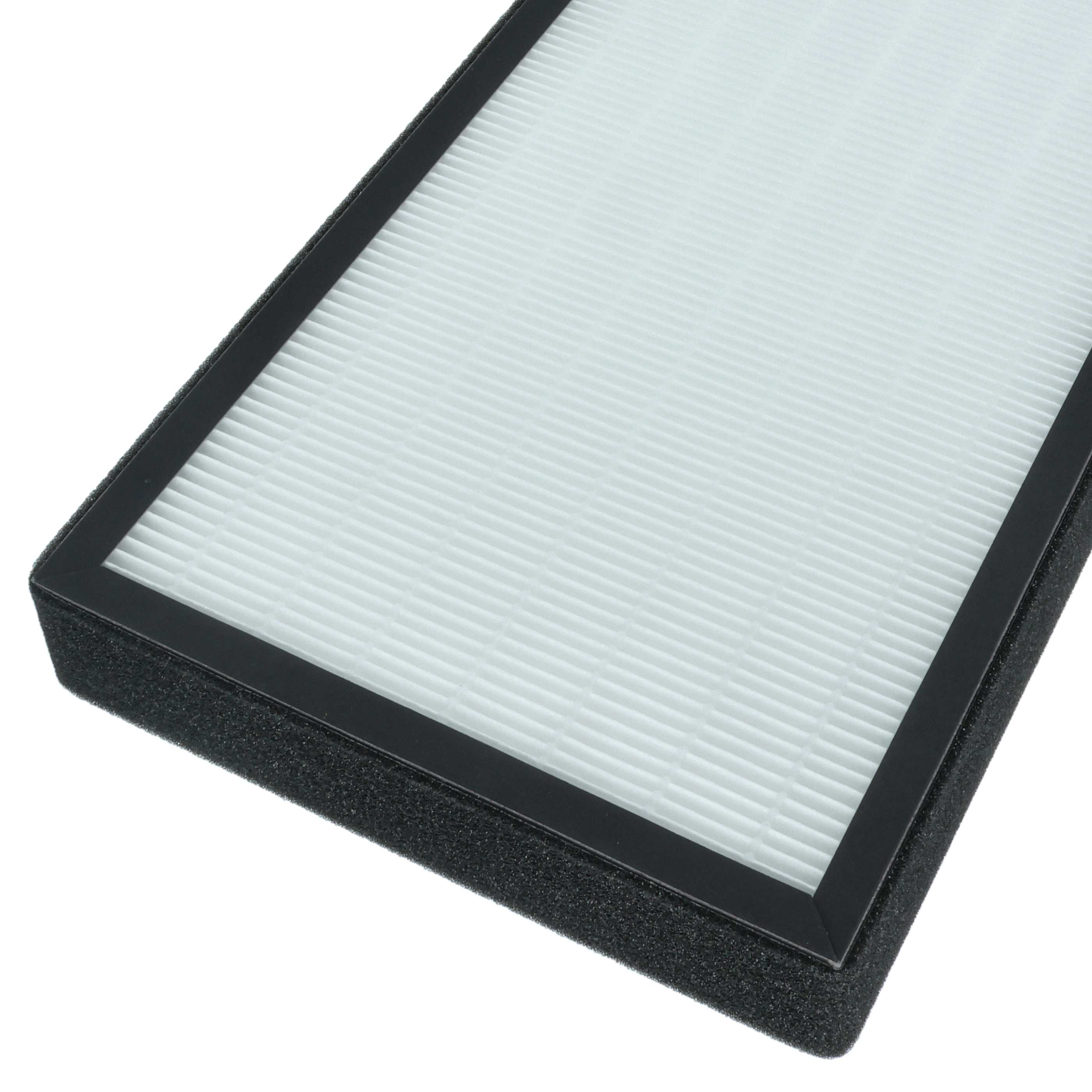 Ein rechteckiger Luftfilter mit weißem, plissiertem Filter in einem schwarzen Rahmen und schwarzen Schaumstoffkanten.