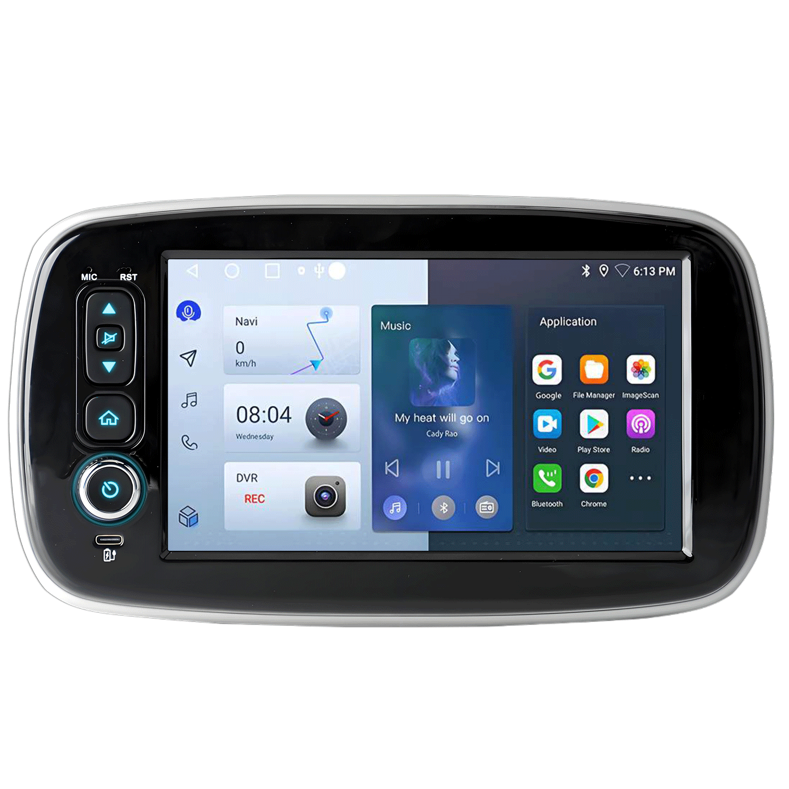 Auto-Multimediasystem. Zeigt Navigation, Musik, Anwendungen und Uhrzeit an. Bedienelemente befinden sich an der Seite. Schwarzer Rahmen mit silberner Umrandung.