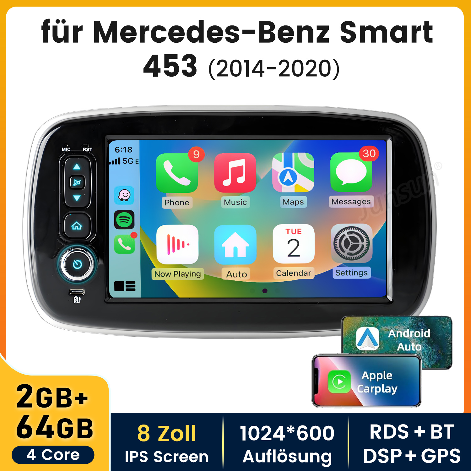 Autoradio mit Touchscreen, der App-Symbole zeigt. Enthält Android Auto und Apple CarPlay-Kompatibilität sowie GPS und Bluetooth.