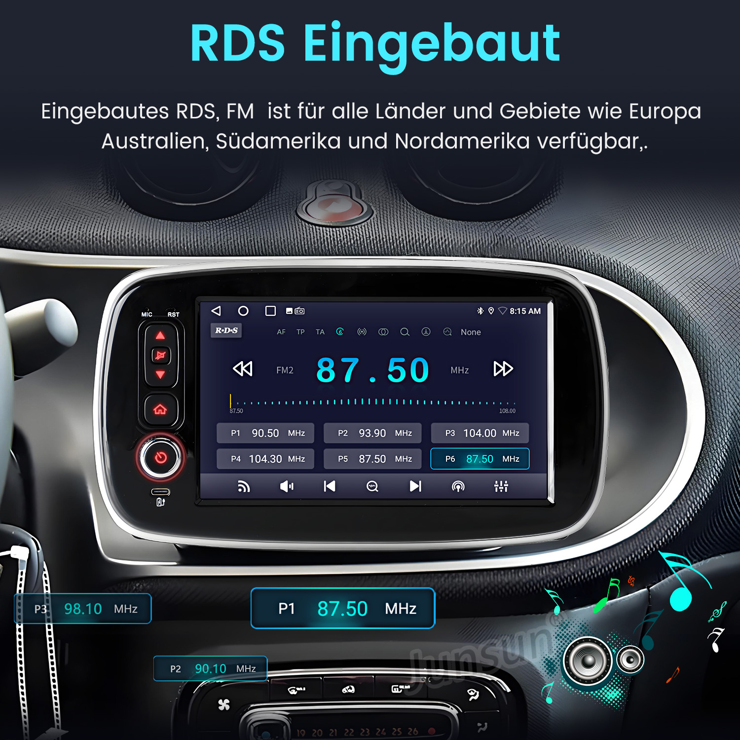 Autoradio-Display mit RDS, FM-Frequenz 87,50 MHz, mit Voreinstelltasten und Zeitanzeige. Text oben lautet RDS eingebaut.