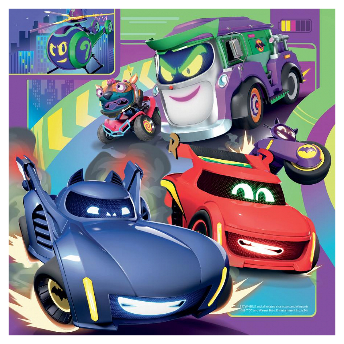 Immagine cartoon dei personaggi di Batwheels. Presenta Batmobile, il camion del Joker, Batcycle e altri veicoli.