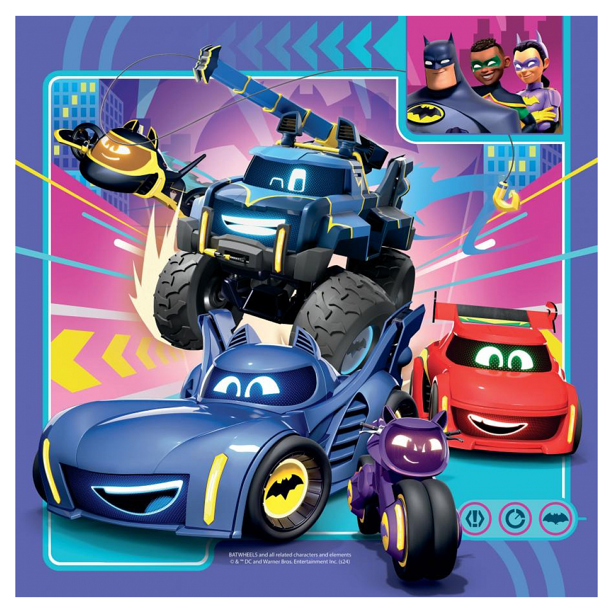 Veicoli e personaggi a tema Batman, con una Batmobile blu, un'auto rossa, una moto viola e Batman con gli alleati.
