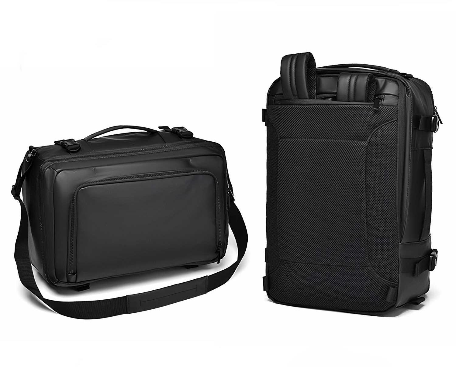 Zwei schwarze Reisetaschen: eine Aktentasche mit Schulterriemen und ein Rucksack, beide mit minimalistischem Design.
