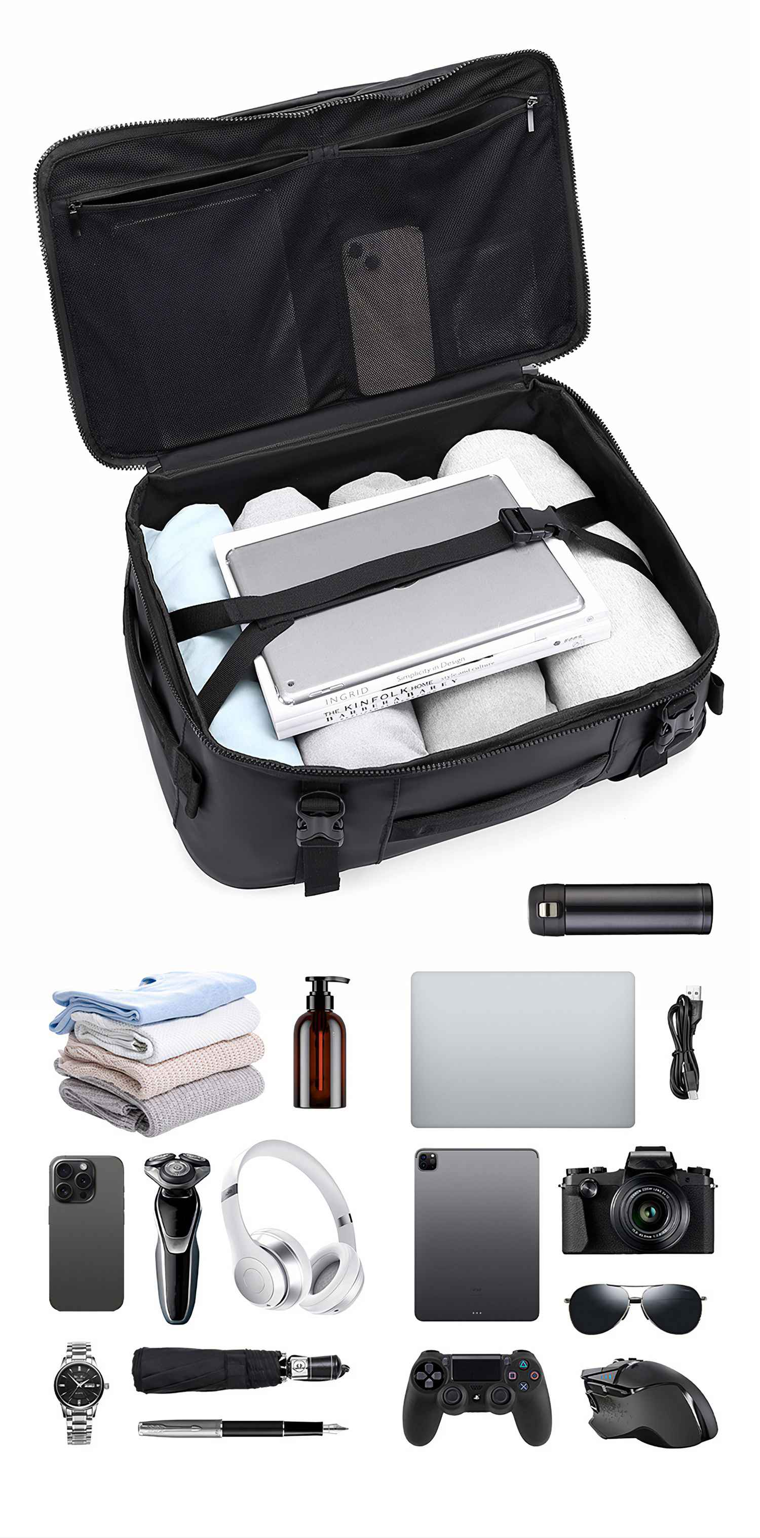 Schwarzer Koffer offen, mit Kleidung, Tablet und Büchern gepackt. Verschiedene Gegenstände wie Telefon, Kopfhörer, Kamera und Zubehör.