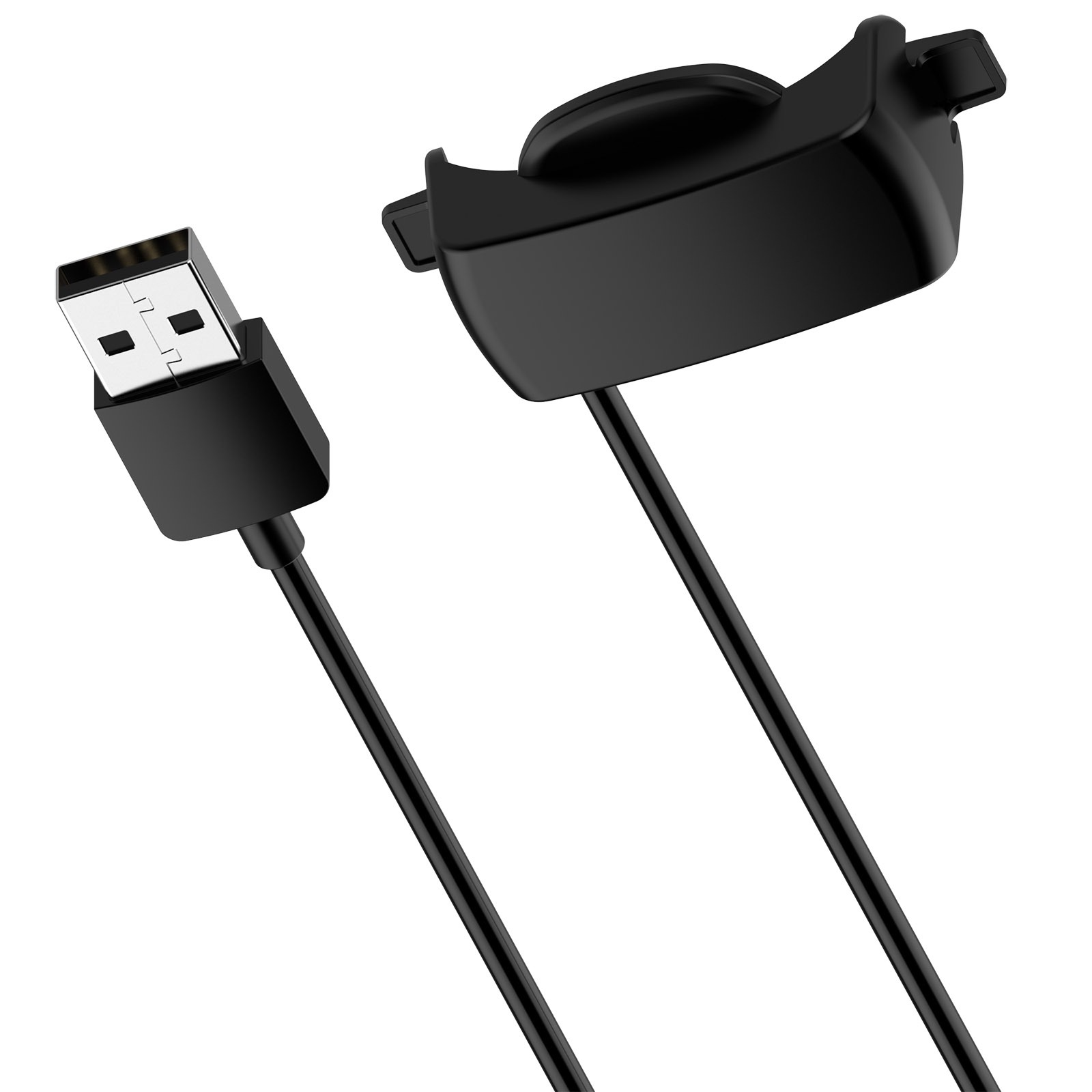 Schwarzes Ladekabel mit USB-Anschluss und Ladestation auf weißem Hintergrund.