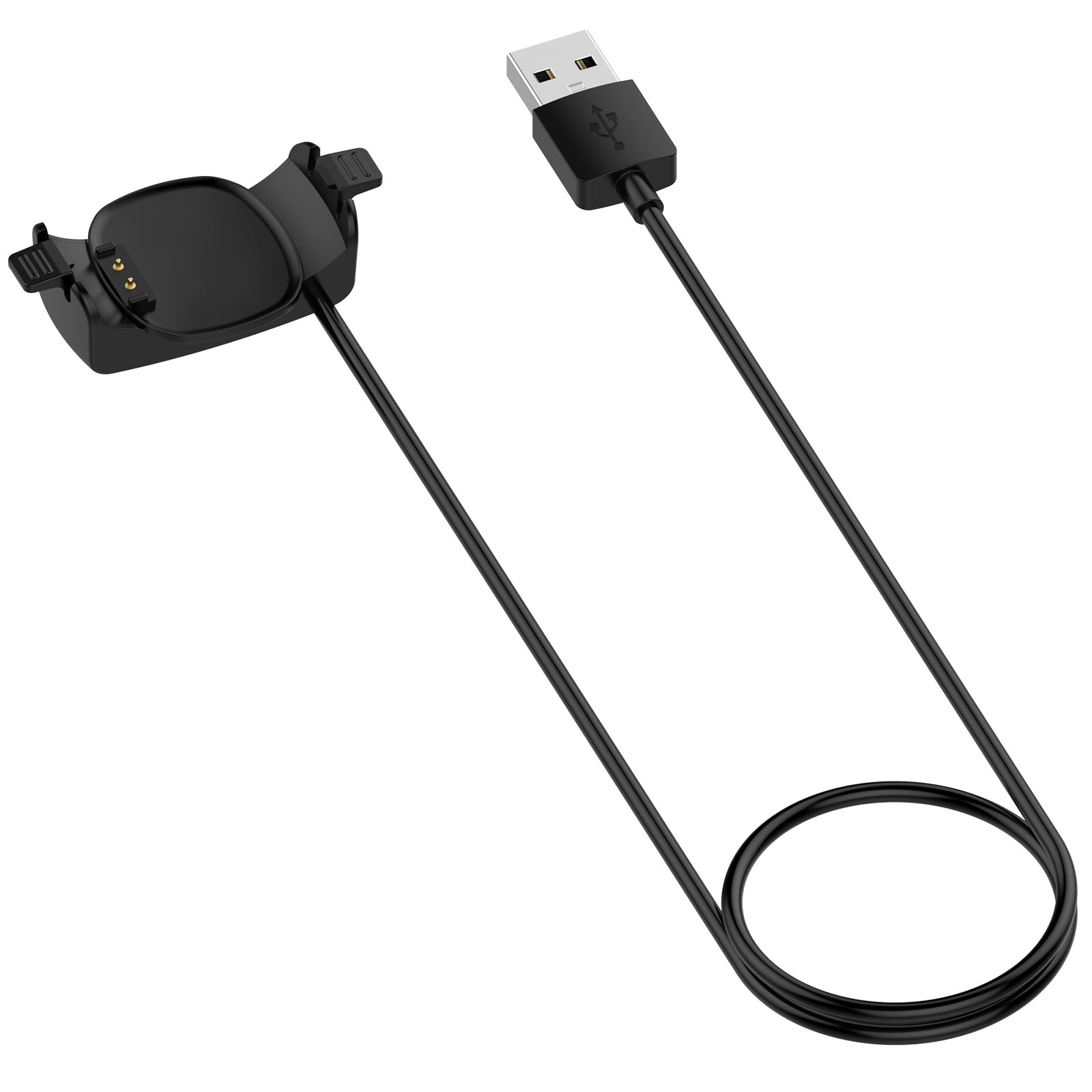 Ein schwarzes Smartwatch-Ladegerät mit USB-Anschluss. Das Kabel bildet eine Schleife. Weißer Hintergrund.