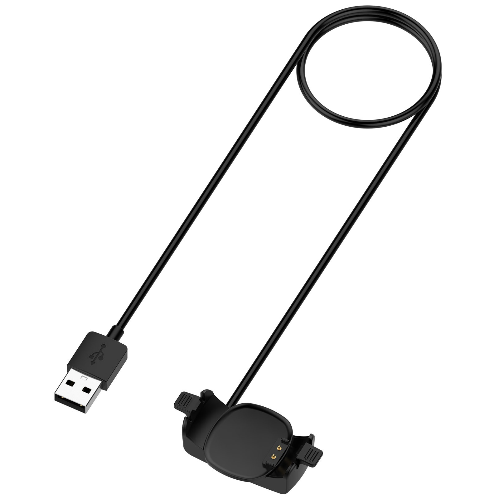 Ein schwarzes Ladekabel mit USB-Anschluss, einer Ladeschale und einem geschlungenen Kabeldesign, alles vor weißem Hintergrund.