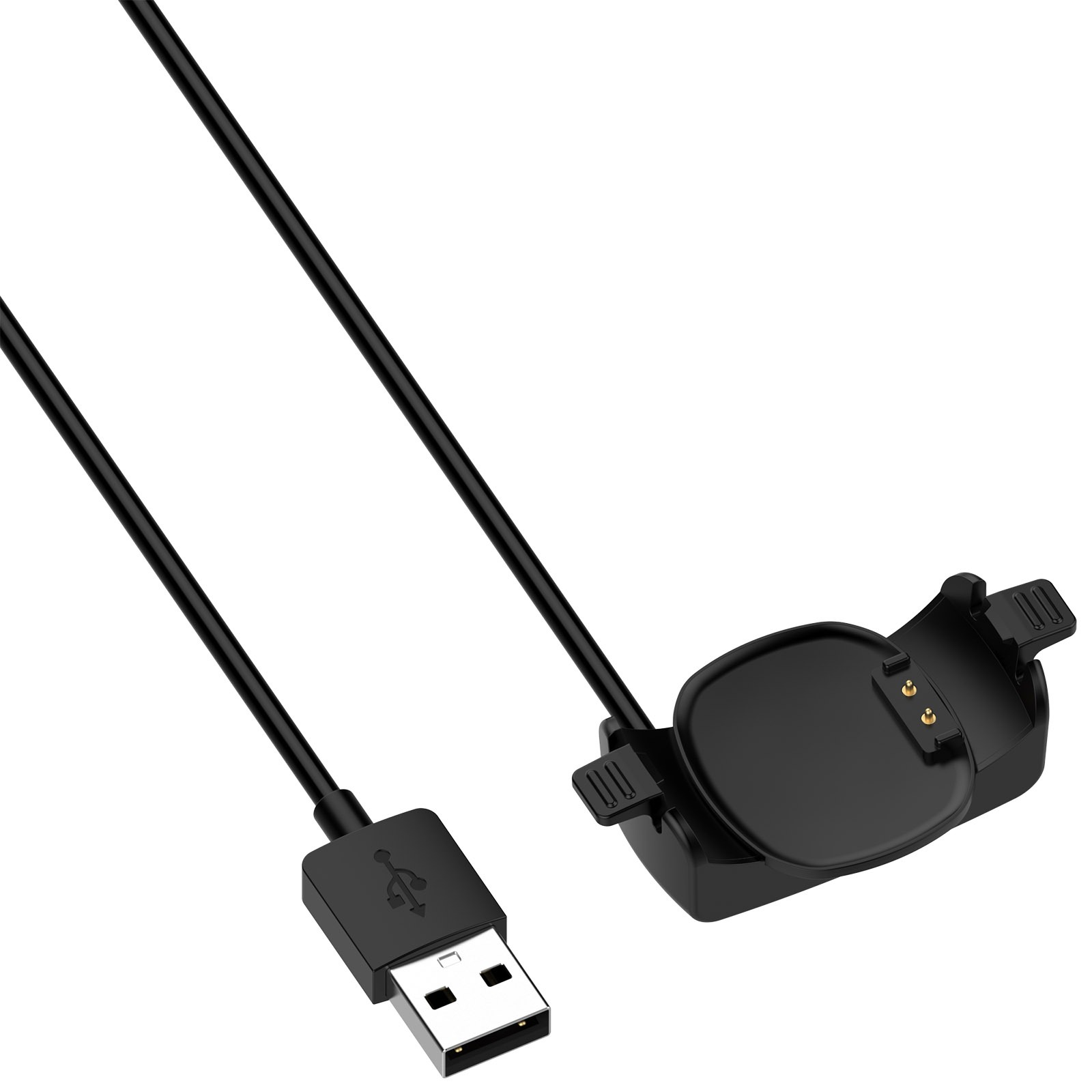 Schwarzes USB-Ladegerät für eine Smartwatch. Es hat einen USB-Anschluss, ein Kabel und eine Ladestation.