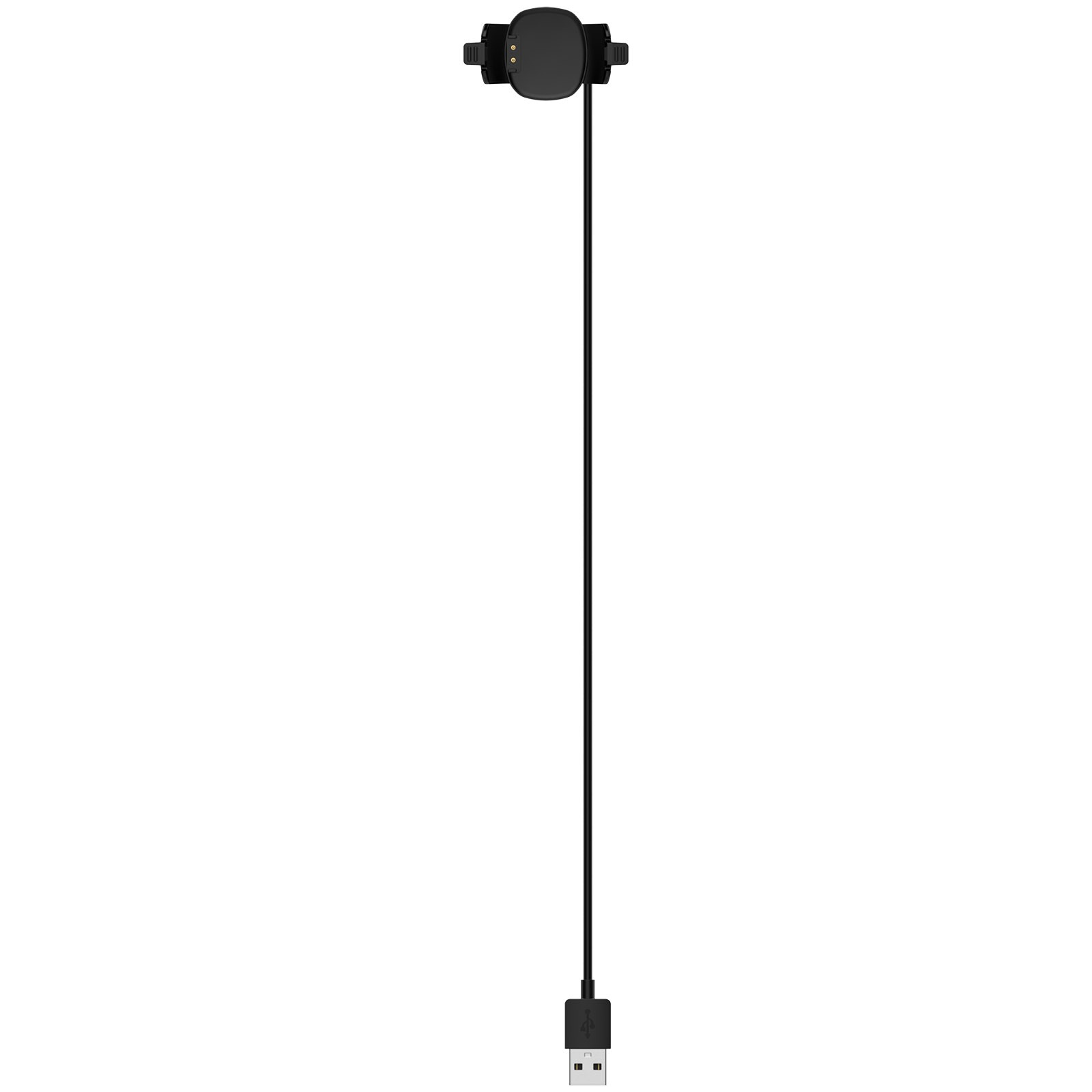 Schwarzes Smartwatch-Ladegerät auf weißem Hintergrund. Das Ladegerät hat ein Kabel und einen USB-Anschluss.