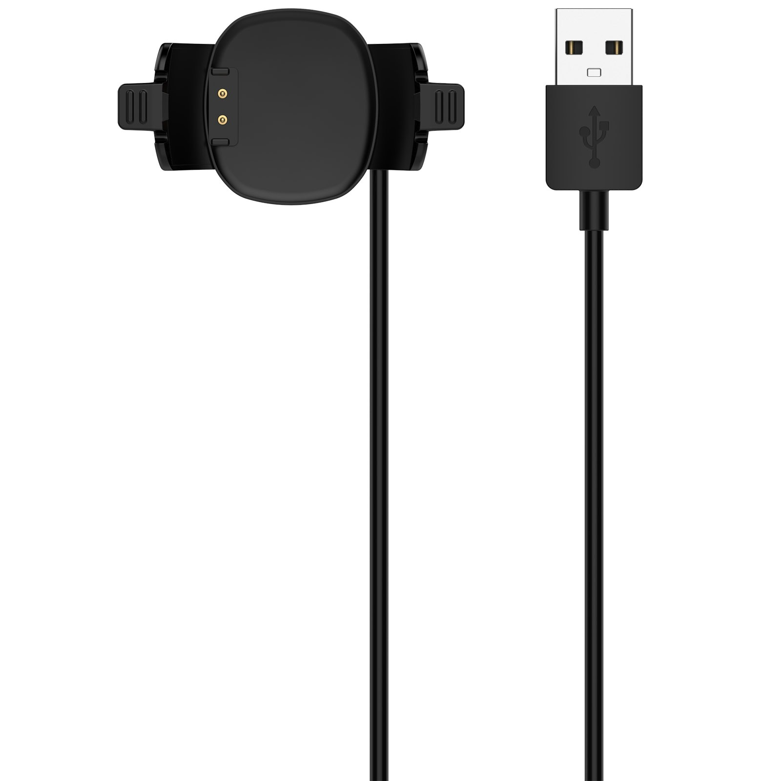 Schwarzes Smartwatch-Ladegerät mit USB-Stecker. Das Ladegerät umfasst eine Ladeschale und ein Kabel.