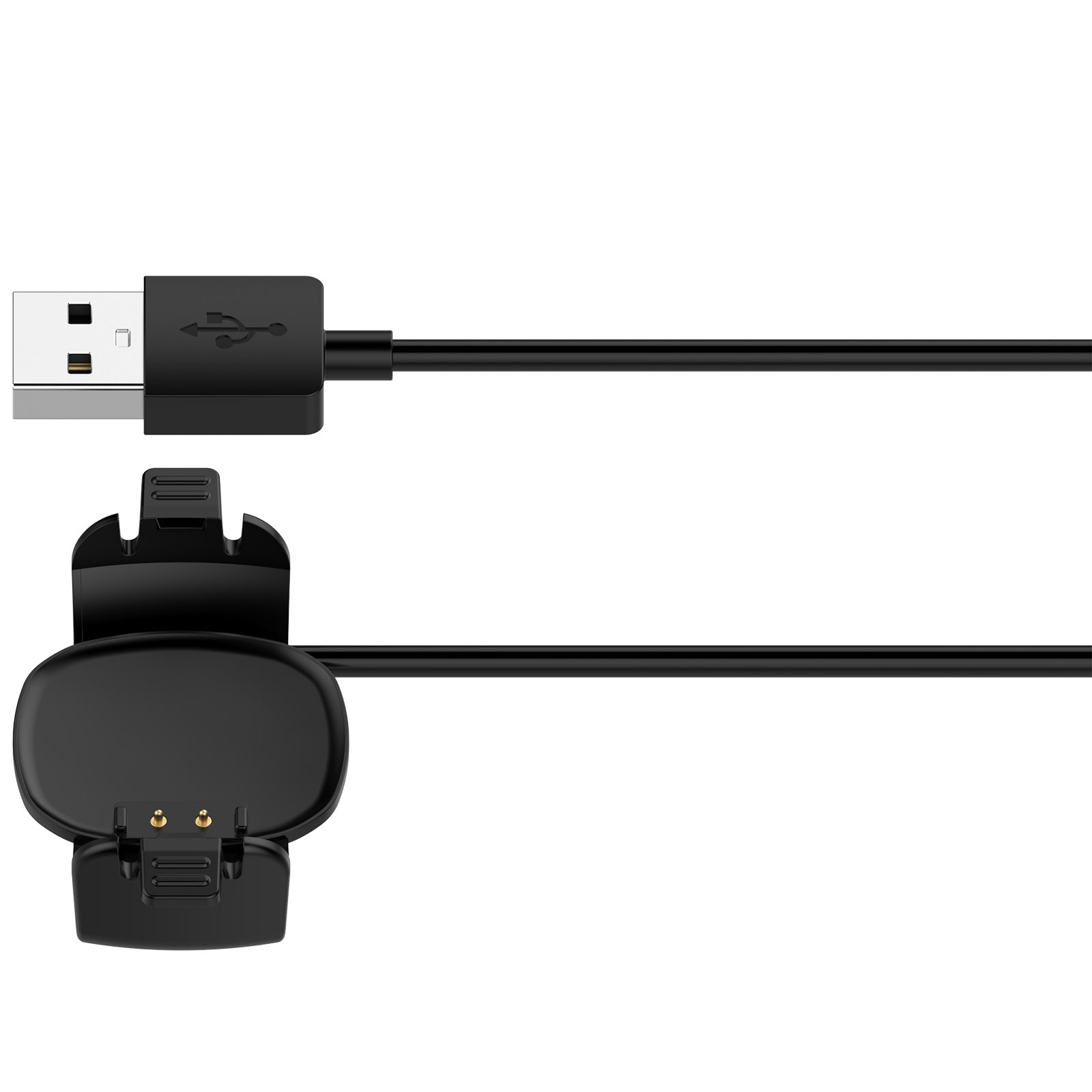 Ein schwarzes USB-Ladekabel mit USB-Anschluss und Ladeschale für eine Smartwatch, auf weißem Hintergrund.