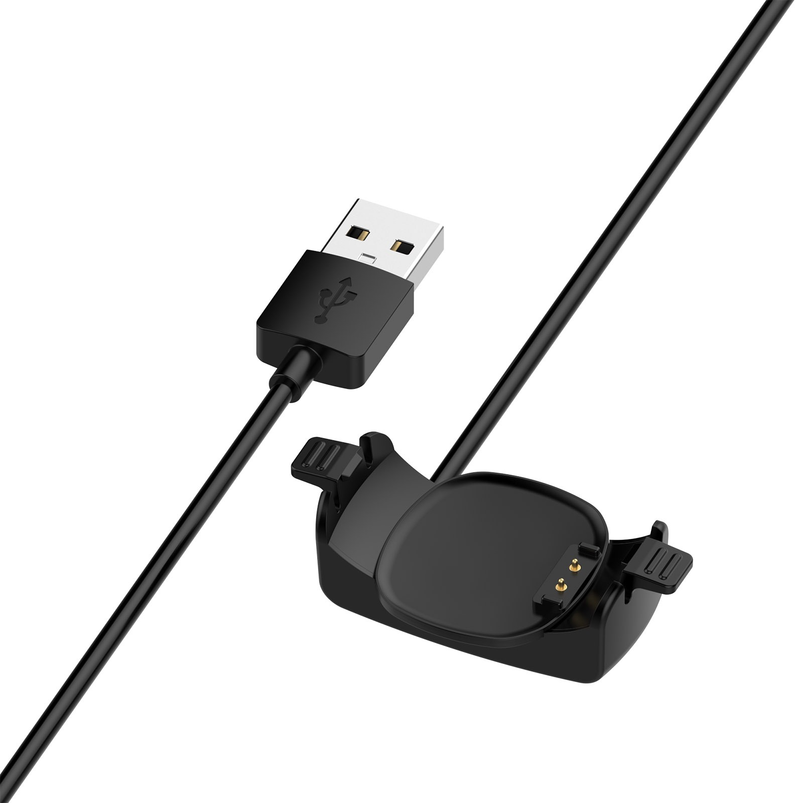 Ein schwarzes USB-Ladekabel mit USB-Anschluss und Ladestation für ein Gerät, alles auf weißem Hintergrund.