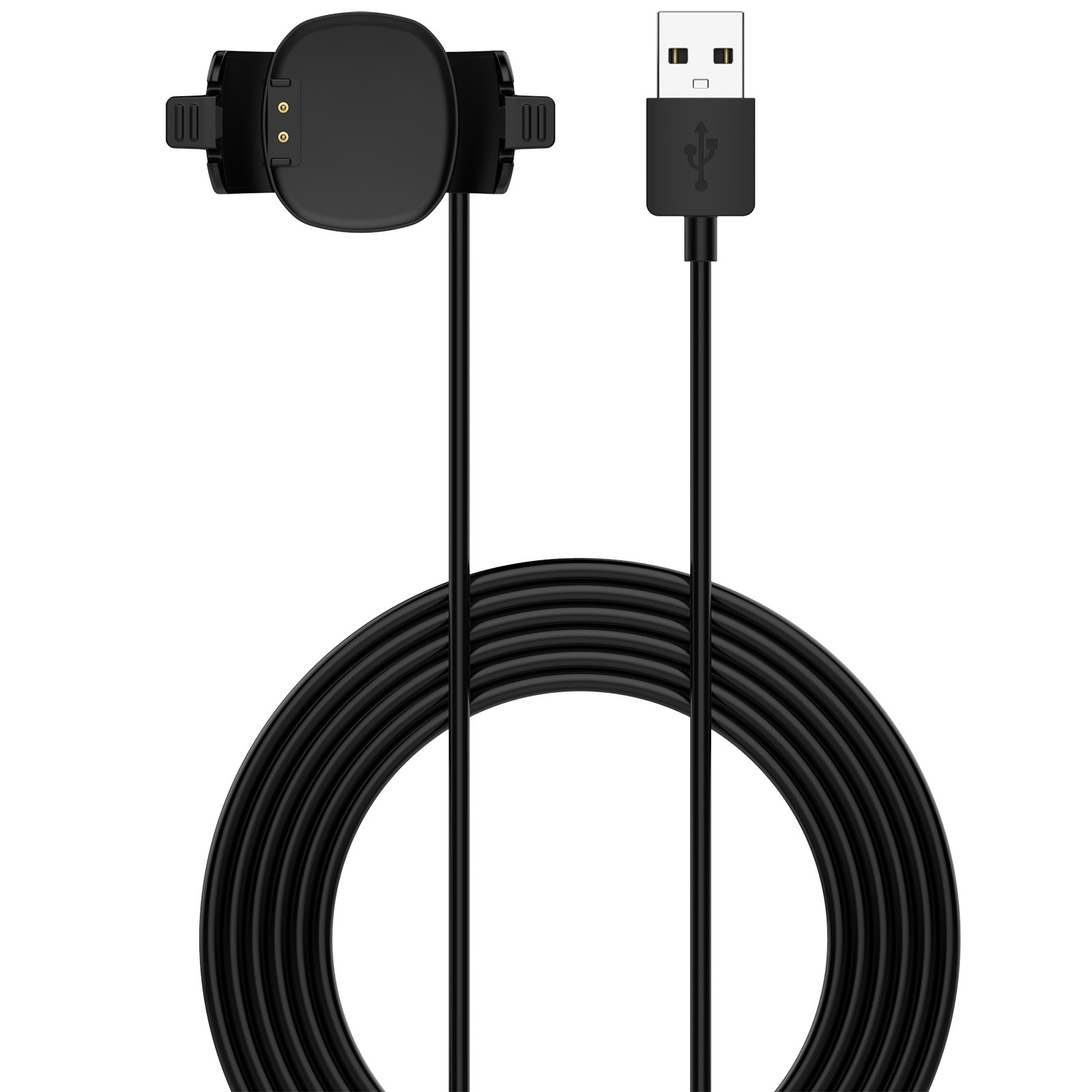 Schwarzes Fitness-Tracker-Ladegerät mit USB-Stecker. Das Kabel ist aufgerollt. Das Ladegerät befindet sich links.