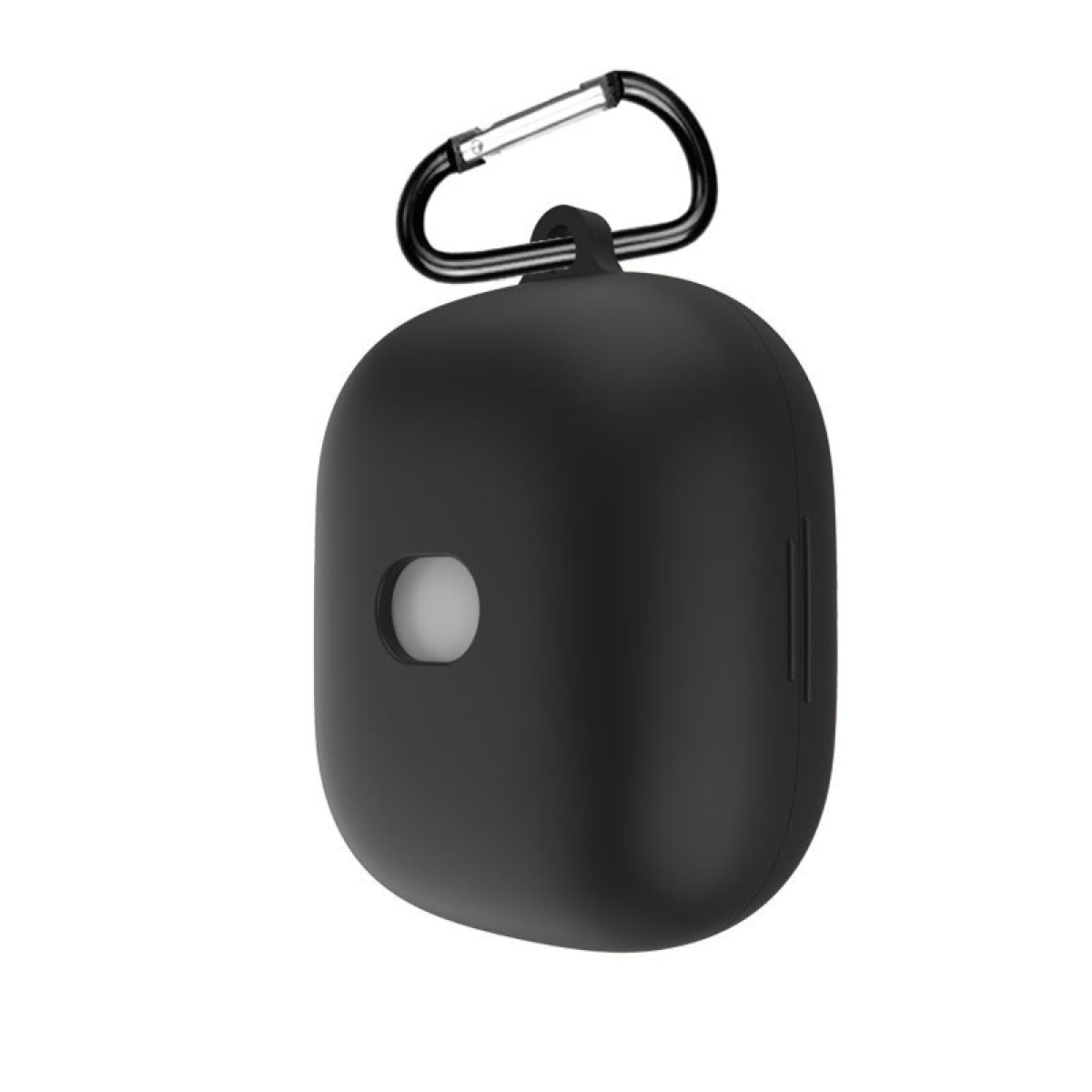 Schwarzes Kopfhörer-Etui mit silbernem Karabinerhaken. Das Etui hat einen kleinen kreisförmigen Ausschnitt. Der Hintergrund ist schlicht weiß.