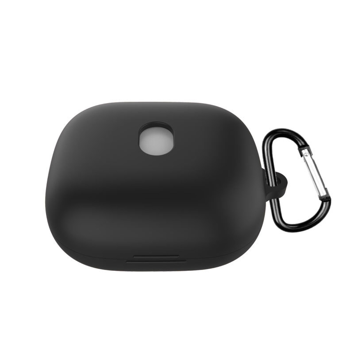 Eine schwarze Ohrhörerhülle mit einem silbernen Karabinerhaken. Das Gehäuse ist oval und hat eine kleine Öffnung. Der Hintergrund ist weiß.