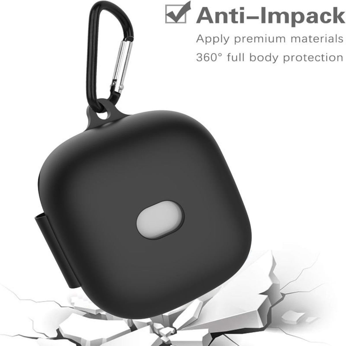 Schwarzes Etui für Ohrhörer mit silbernem Karabiner, zerbrochener Boden im Vordergrund und Anti-Impack-Text.