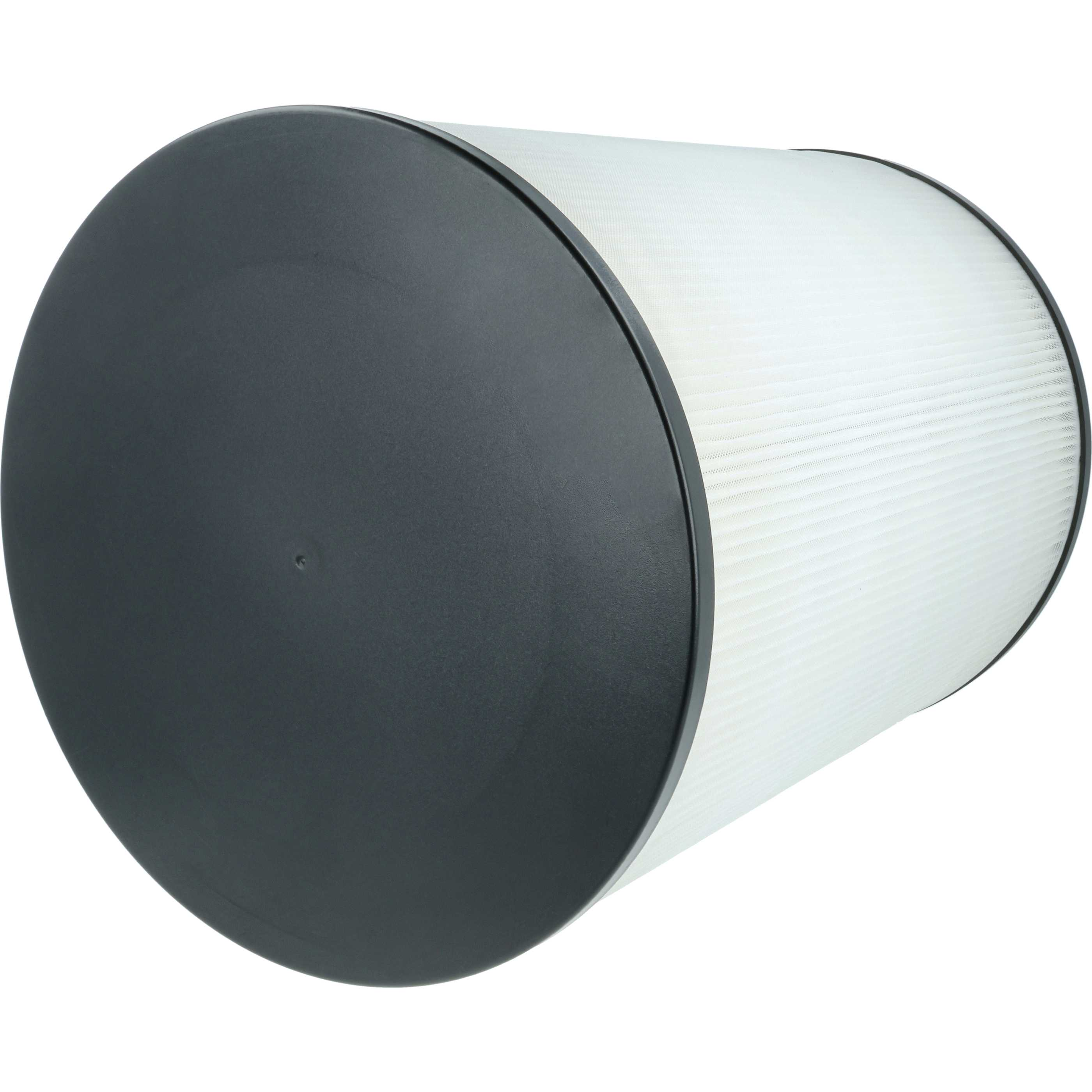 Ein zylindrischer Luftfilter mit dunkelgrauer Ober- und Unterseite und weißem, plissiertem Filtermaterial.