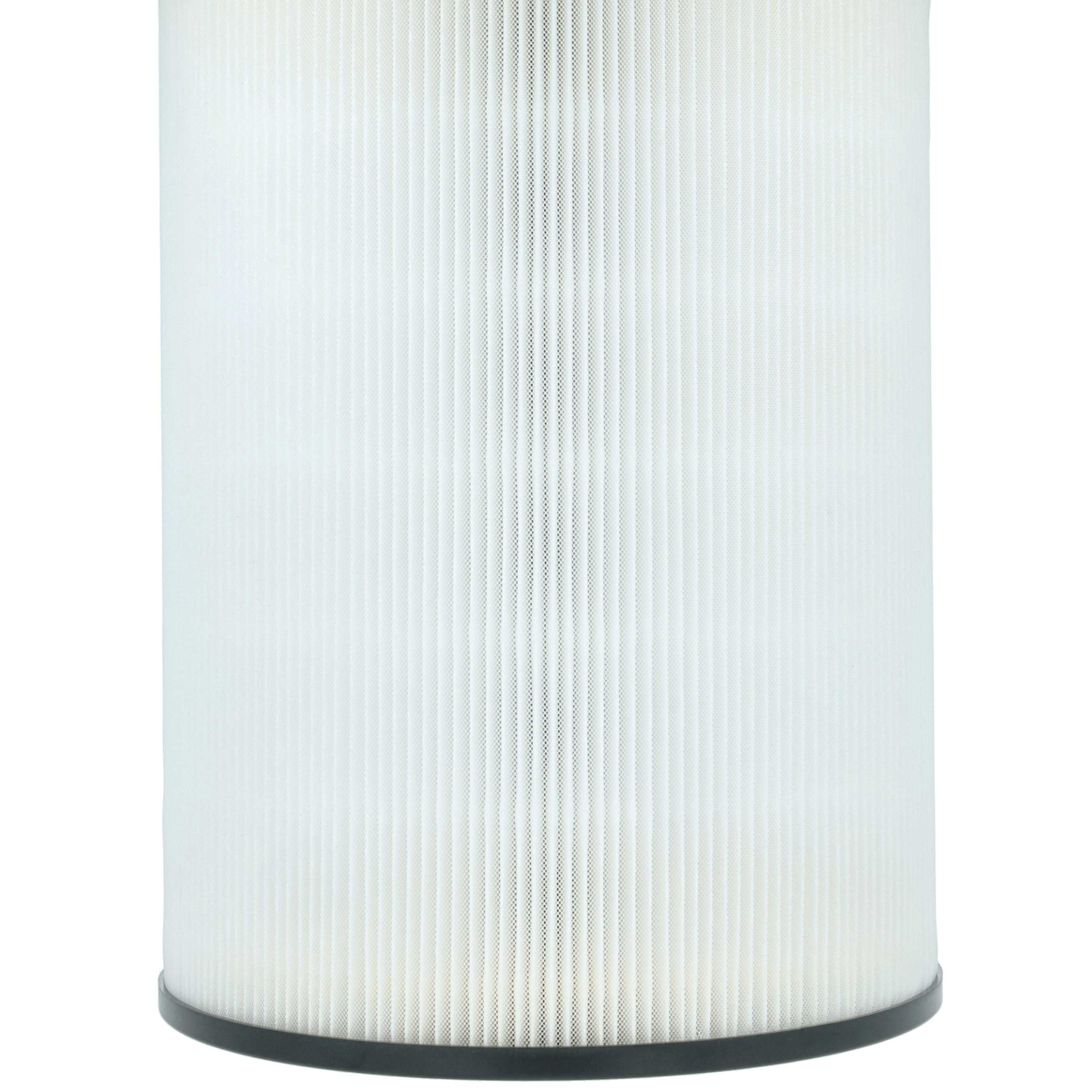 Zylindrischer Luftfilter. Weißes plissiertes Filtermaterial mit vertikalen Linien. Schwarze Basis.