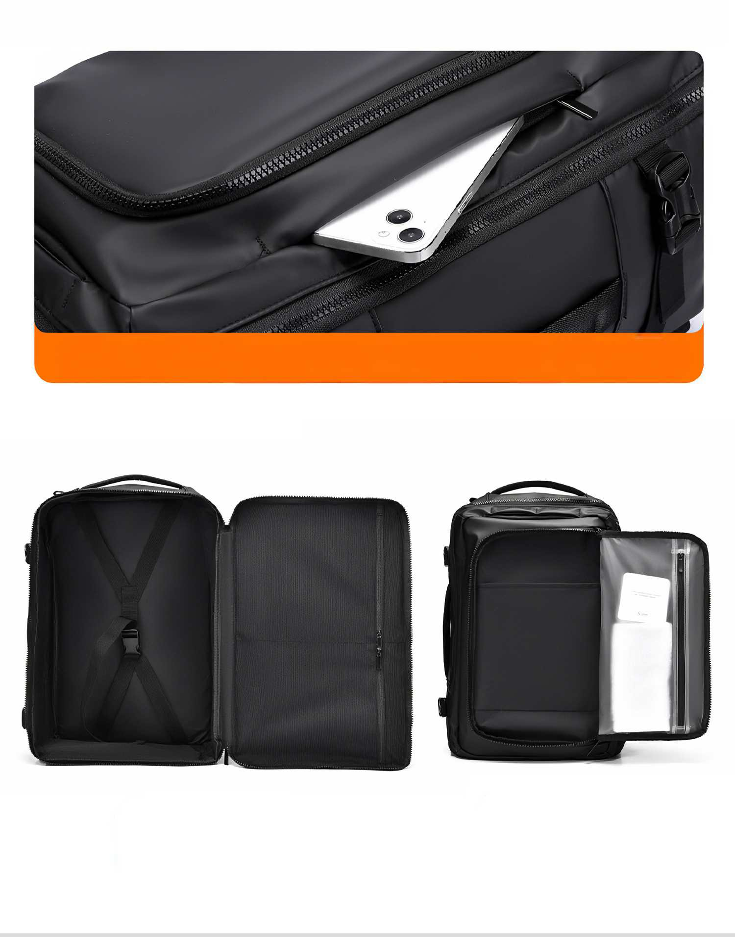 Schwarzer Rucksack mit mehreren Fächern. Ein Telefon ist in einer Tasche sichtbar. Der Rucksack ist geöffnet, um das Innere zu zeigen.