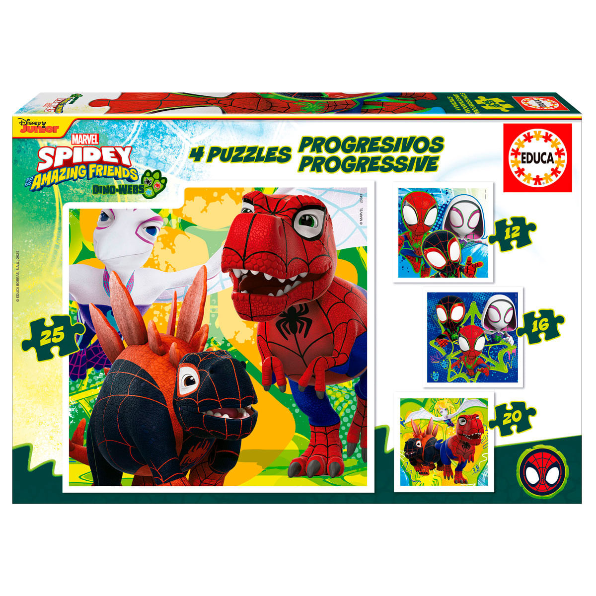 Una caja de rompecabezas de Spidey and Friends con personajes de dinosaurios de Spidey. Tiene 4 rompecabezas progresivos con diferentes números de piezas y el logo de Educa.