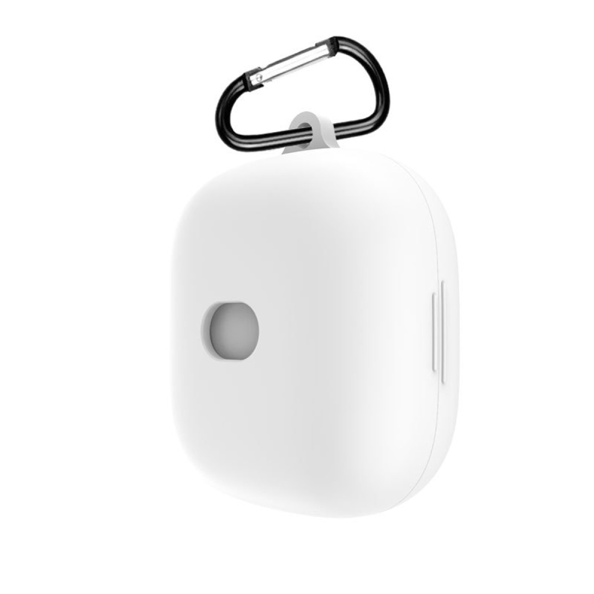 Ein weißes Kopfhörer-Etui mit einem schwarzen Karabinerhaken. Das Etui hat ein Loch und eine Seitenlinie. Isoliert auf weißem Hintergrund.