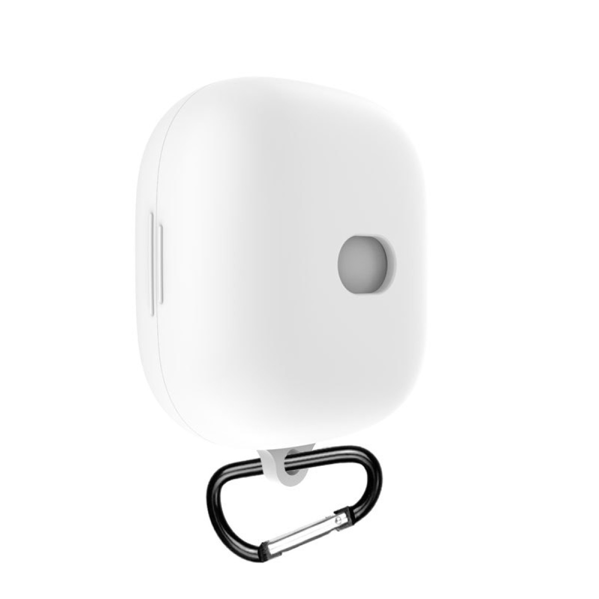 Ein weißes, abgerundetes Ladecase mit einem schwarzen Karabinerhaken. Es hat ein kleines Loch und eine glatte Oberfläche.