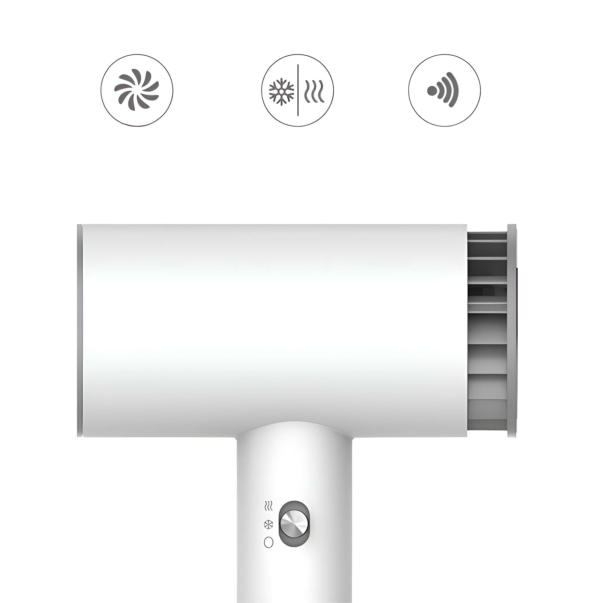 Weißer Haartrockner mit drei Symbolen: einem Ventilator, einer Schneeflocke mit Wellen und einem Signal. Er hat einen zylindrischen Griff und einen ovalen Körper.