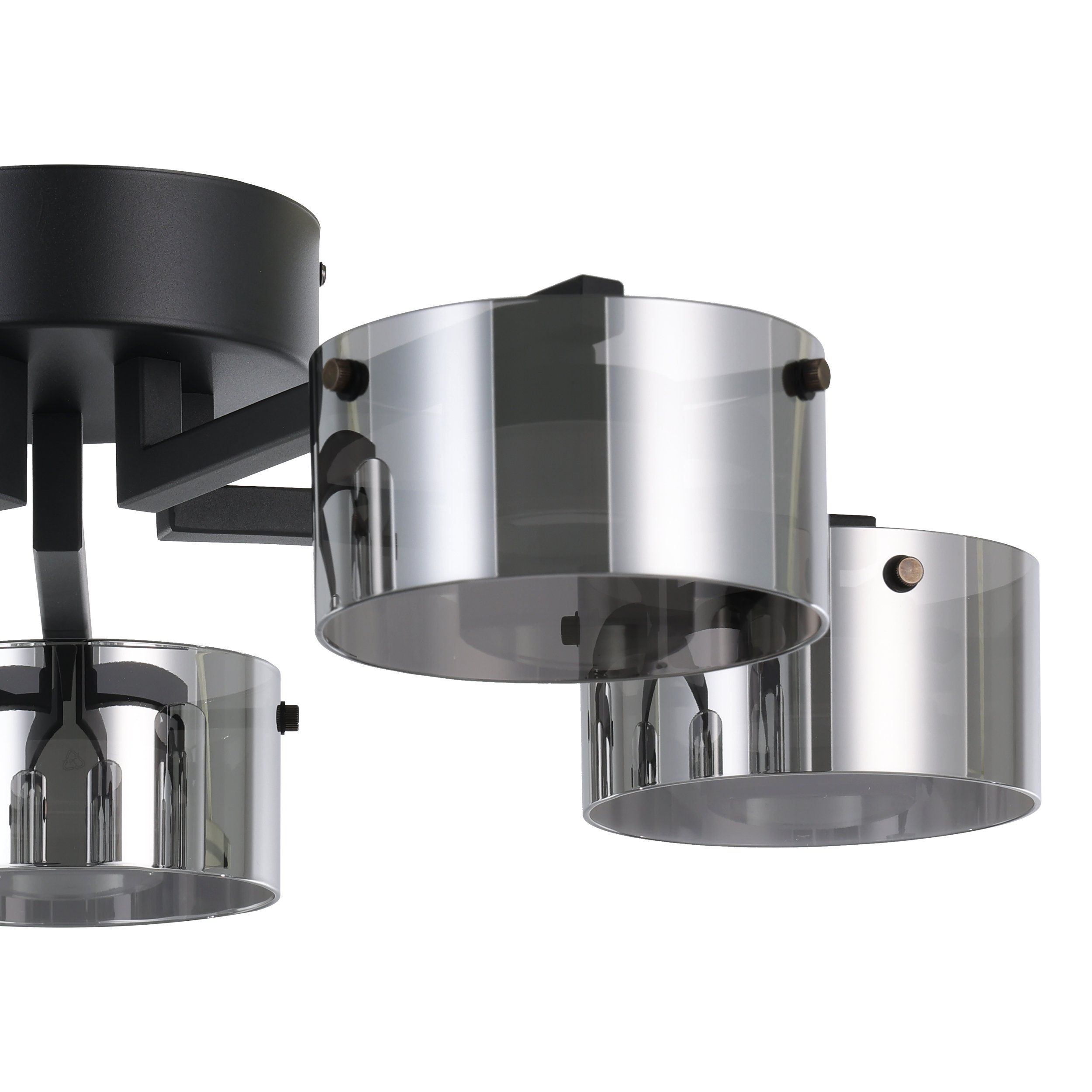 Luminaire de plafond moderne avec cadre noir et trois abat-jours cylindriques en verre fumé. Fond blanc.