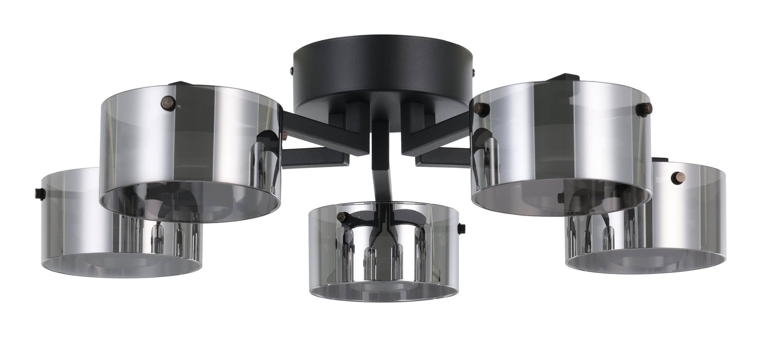 Une lampe de plafond avec cinq abat-jours en verre, disposés autour d'une structure centrale noire. Les abat-jours sont cylindriques et gris fumé.