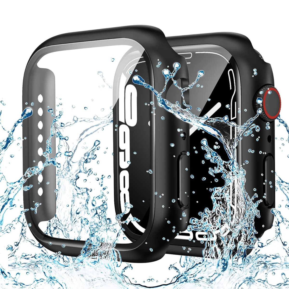 Zwei schwarze Smartwatches mit Schutzhüllen, Wasserspritzer-Effekt. Eine zeigt die Zeit, die andere die Seitentaste.